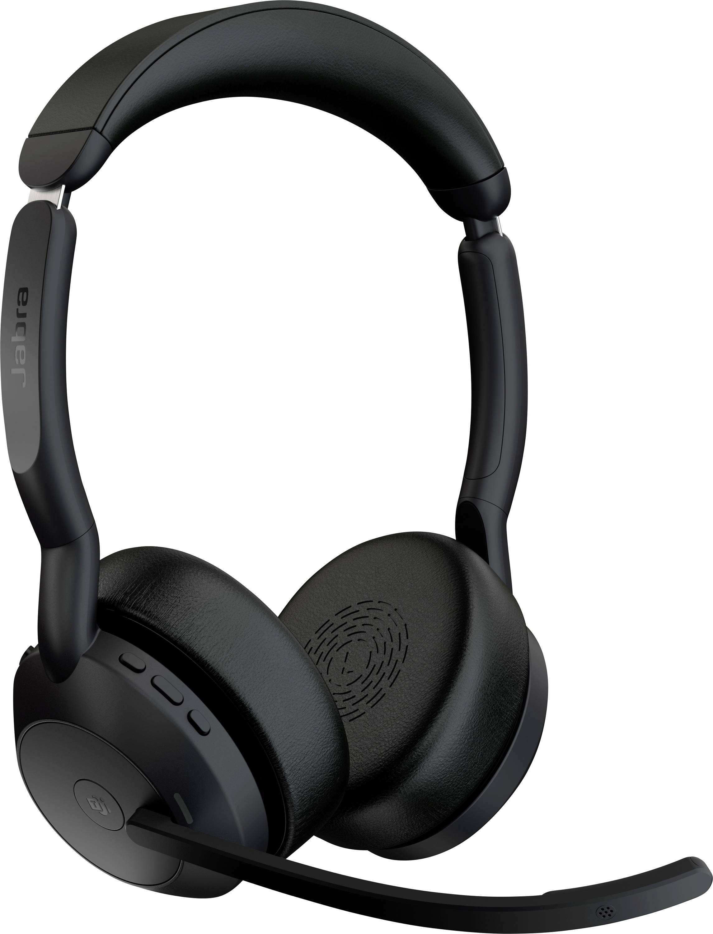 Black wireless headset with microphone arm, suitable for phone calls or online meetings. Comfortable ear cushions and adjustable headband.