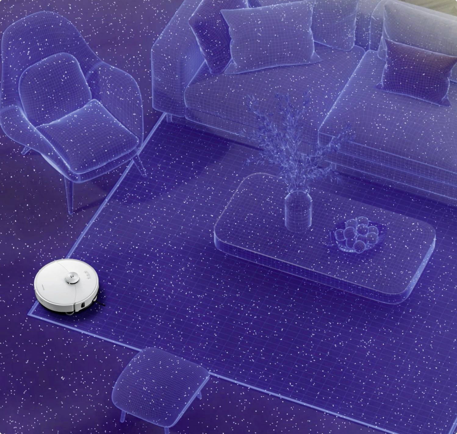 A smart robot vacuum cleaner navigates across a carpet in a living room with modern furniture.