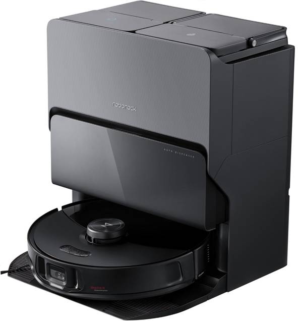 Robot vacuum cleaner in docking station, sleek dark design. The vacuum is round, the station has angular lines. Ideal for a modern interior.