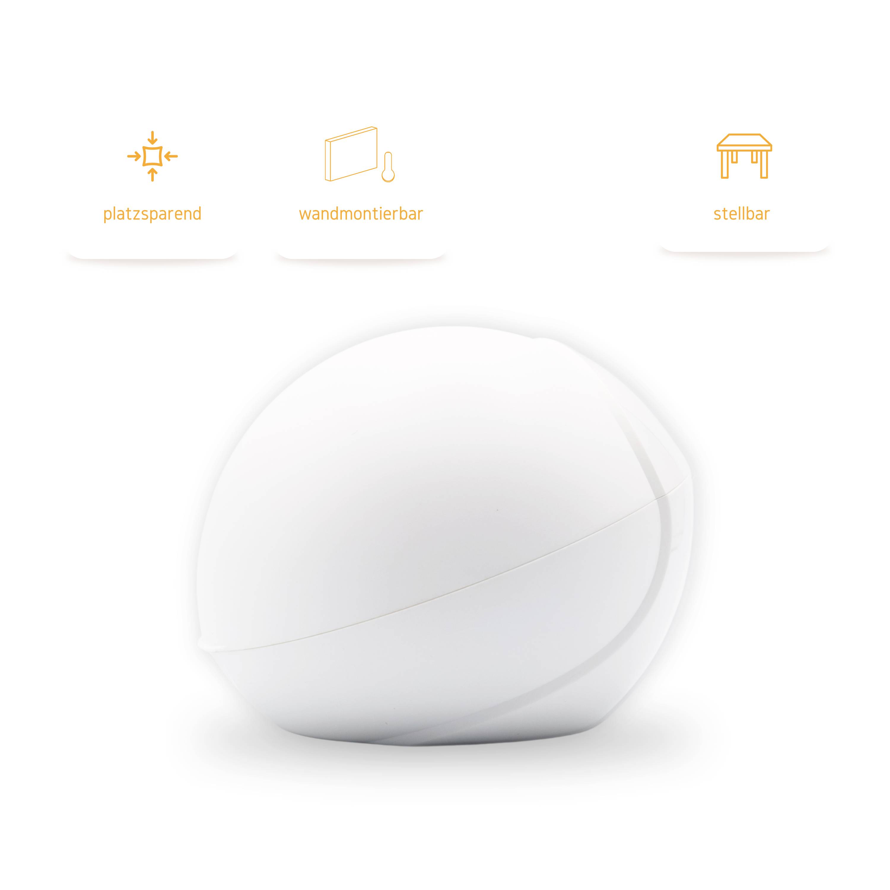 A white, round device with three icons above it. The icons show: 'space-saving', 'wall-mountable' and 'adjustable'.