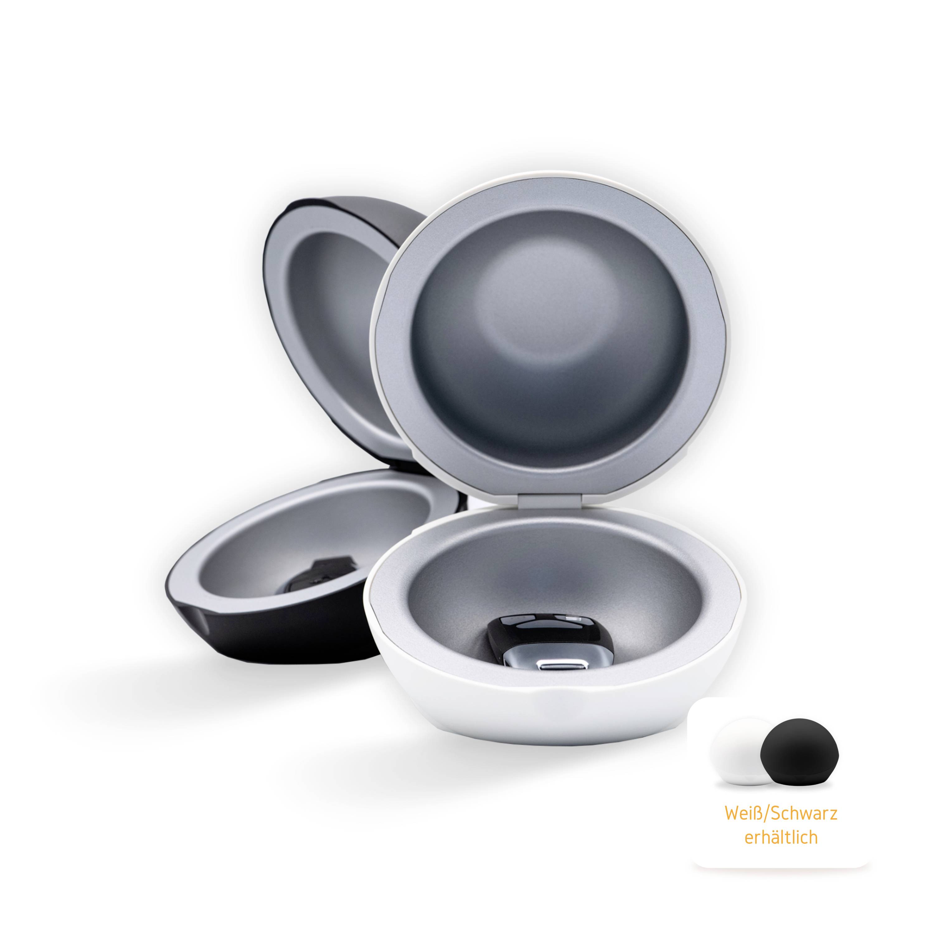 Wireless earbuds in an open charging case, available in white and black, on a white background.