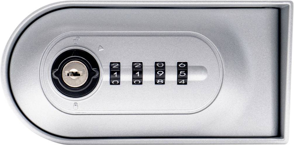 Silver safety lock with keyhole on the left and five-digit number combination on the right.