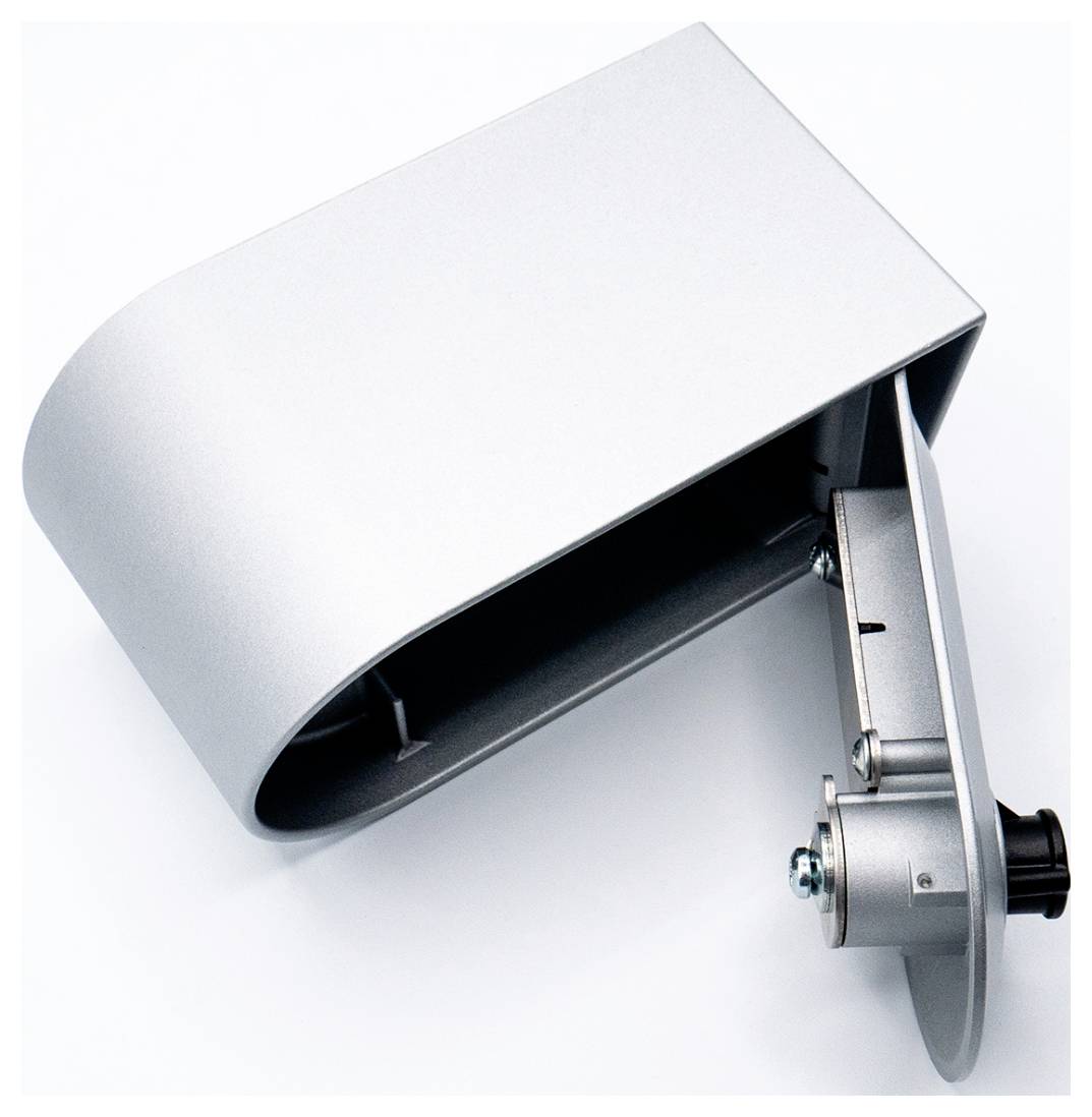 Silver-coloured metal bracket with a plug-in system, presumably part of an assembly system or furniture connector, on a white background.