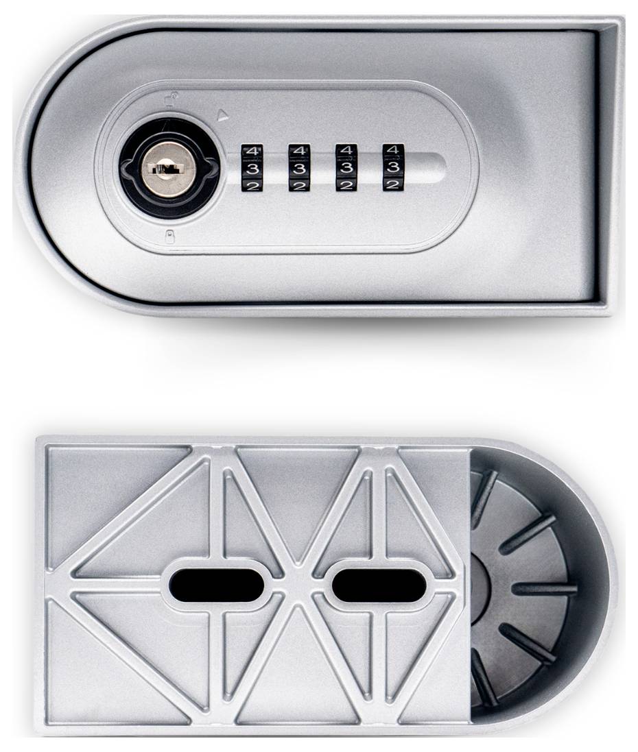 Silver padlock with combination lock and keyhole, beside an open, identical padlock with its internal mechanism visible.