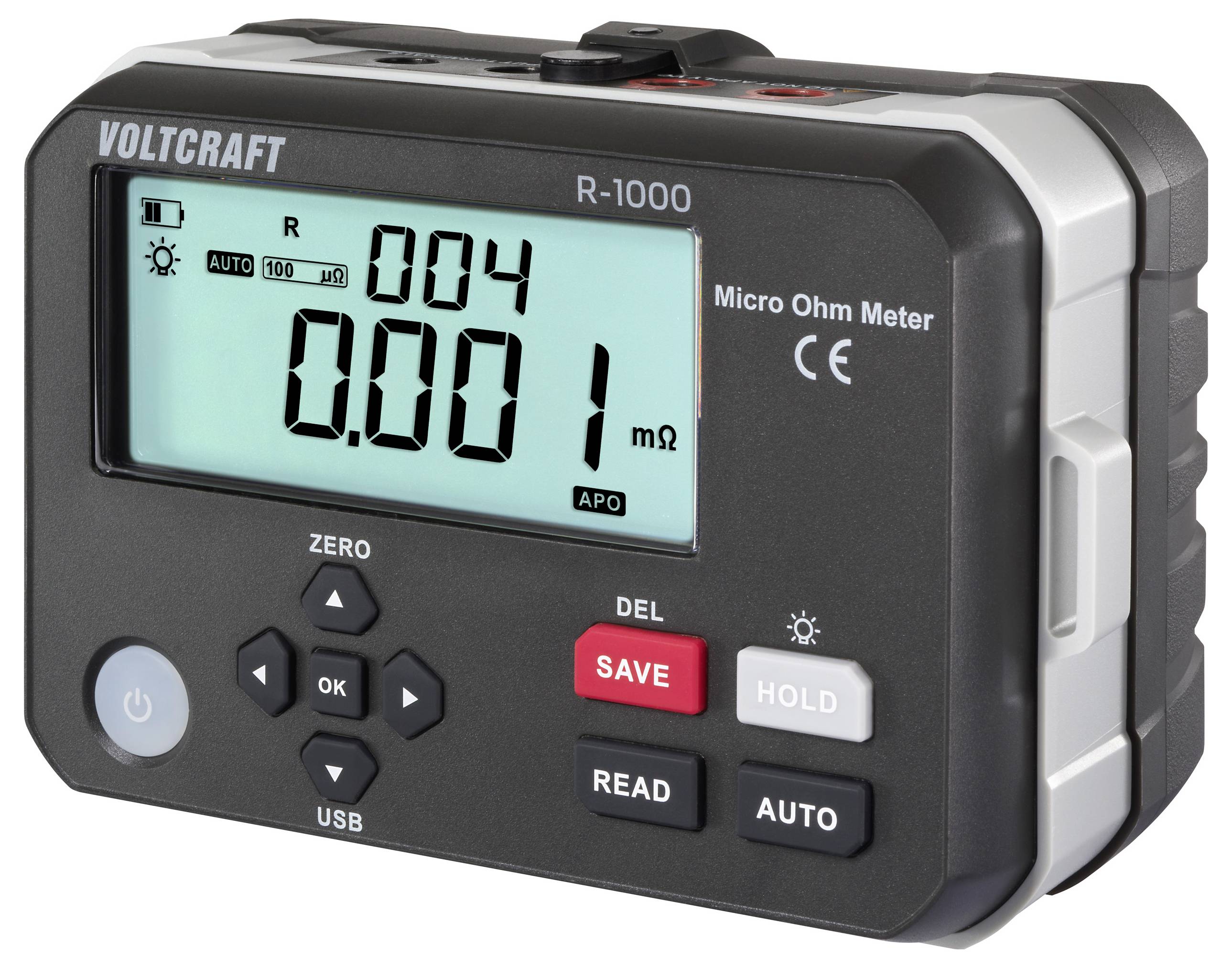 A digital micro ohm meter displaying '0.001 mΩ' on the screen, featuring buttons labeled 'SAVE', 'READ', 'HOLD', and 'AUTO'.