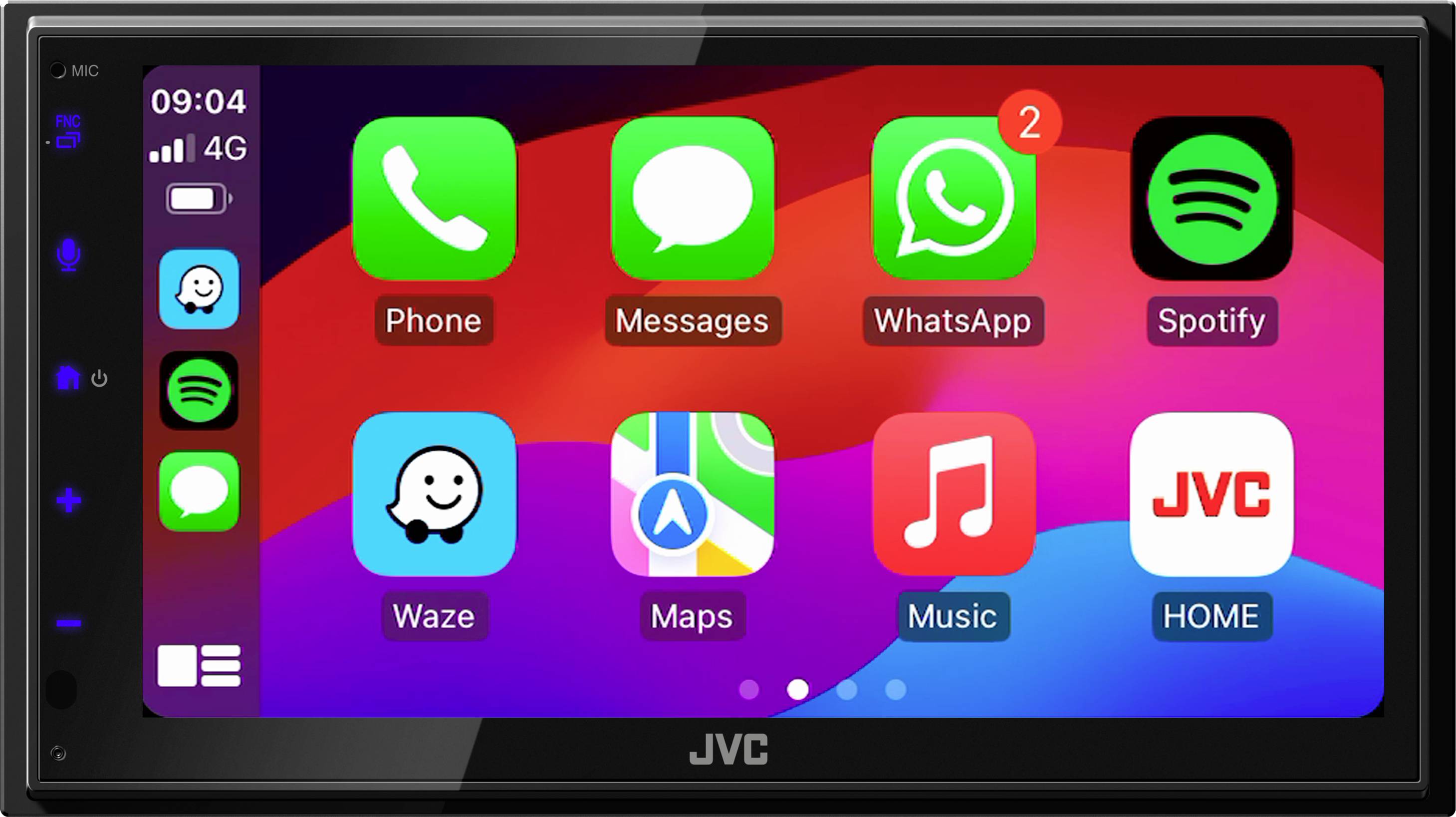 Touchscreen display of a car radio with app icons: Phone, Messages, WhatsApp (with 2 messages), Spotify, Waze, Maps, Music, JVC Home. Time 09:04, 4G signal top left.