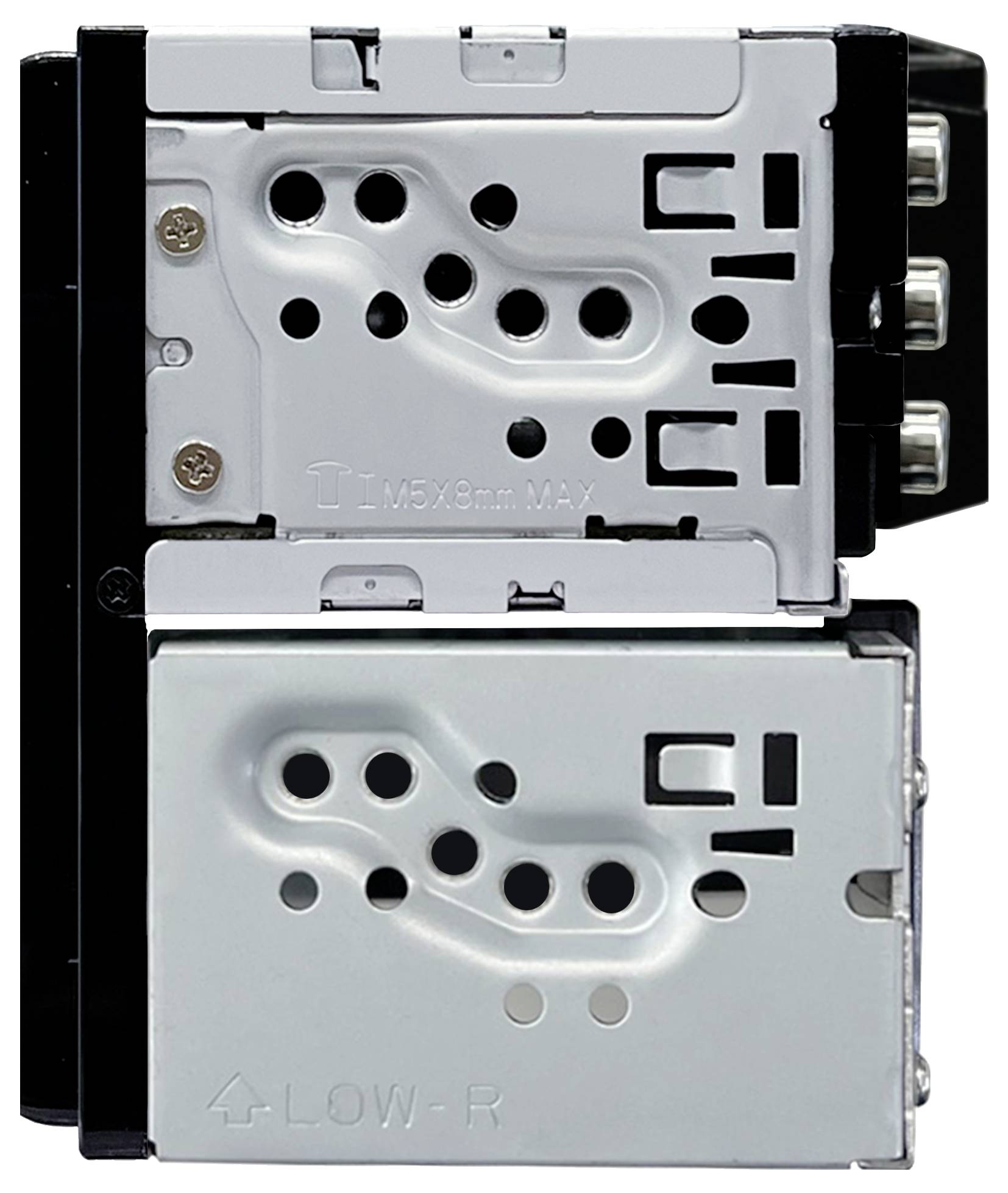 Metal electrical component with multiple terminals and a perforated housing for wall mounting.