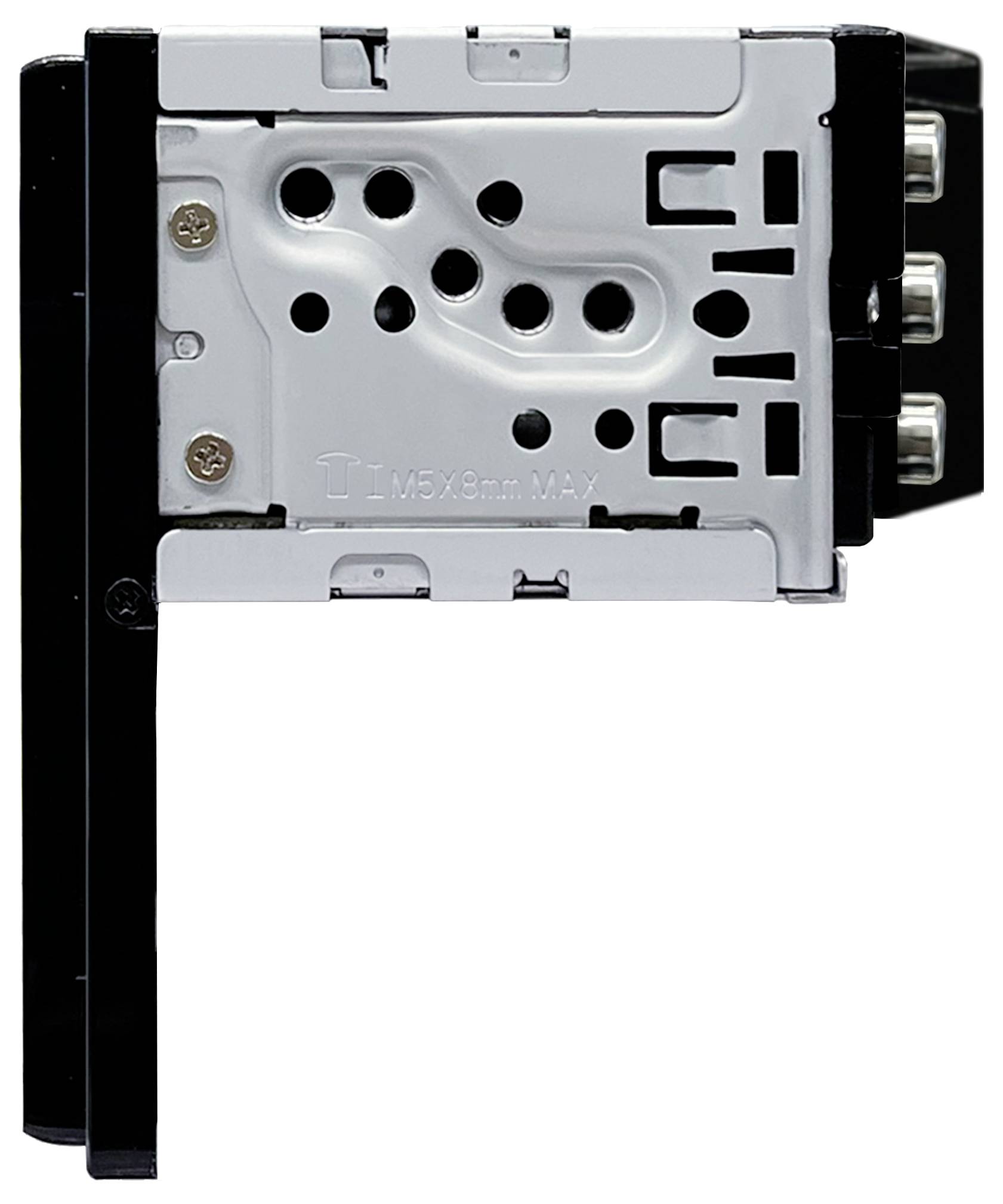 Radio or multimedia unit with mounting bracket, viewed from the side. Metal frame with ventilation slots and screw points visible.