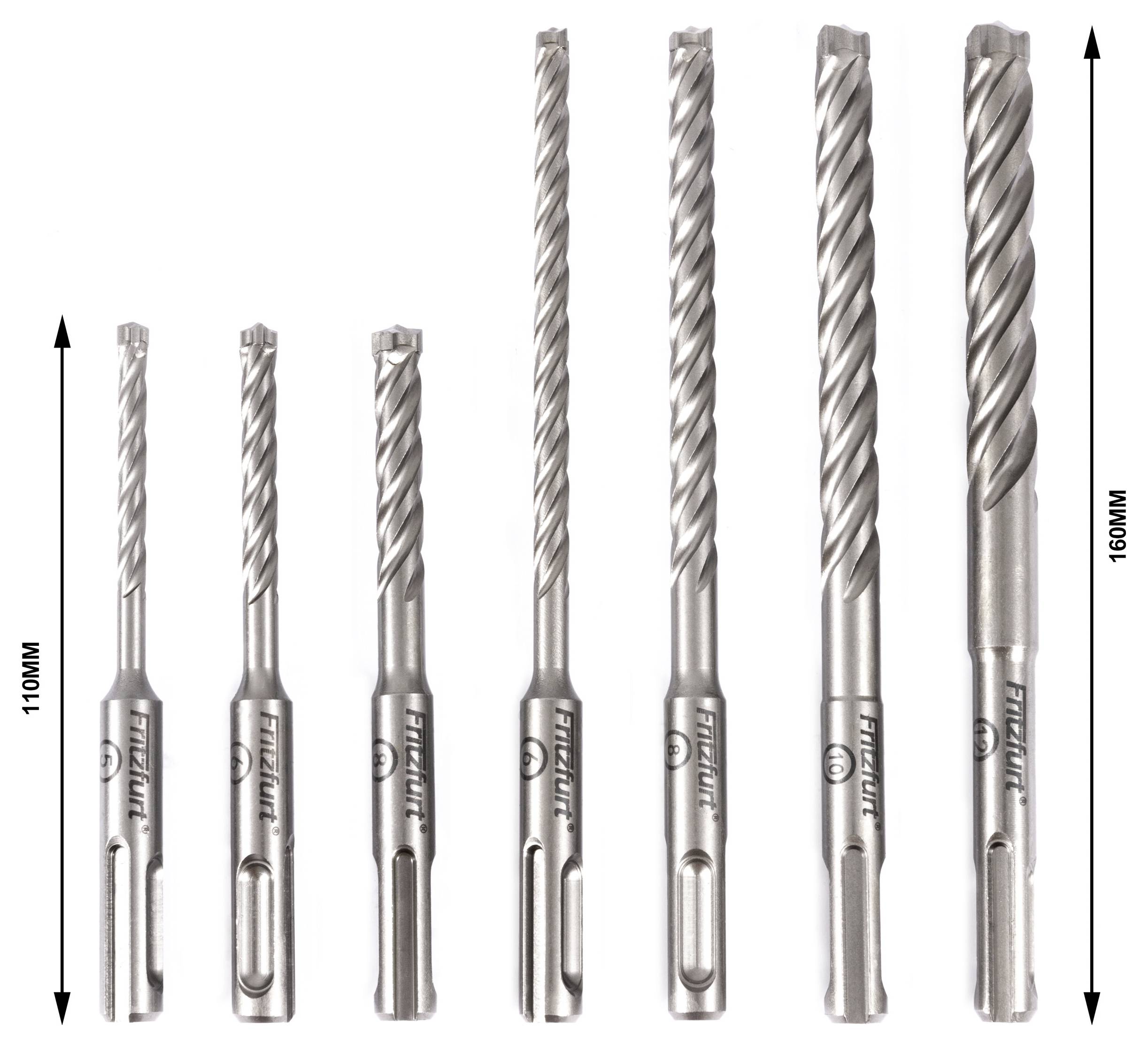 A set of seven metal drill bits of varying lengths, ranging from 110mm to 160mm, arranged in ascending order from left to right.