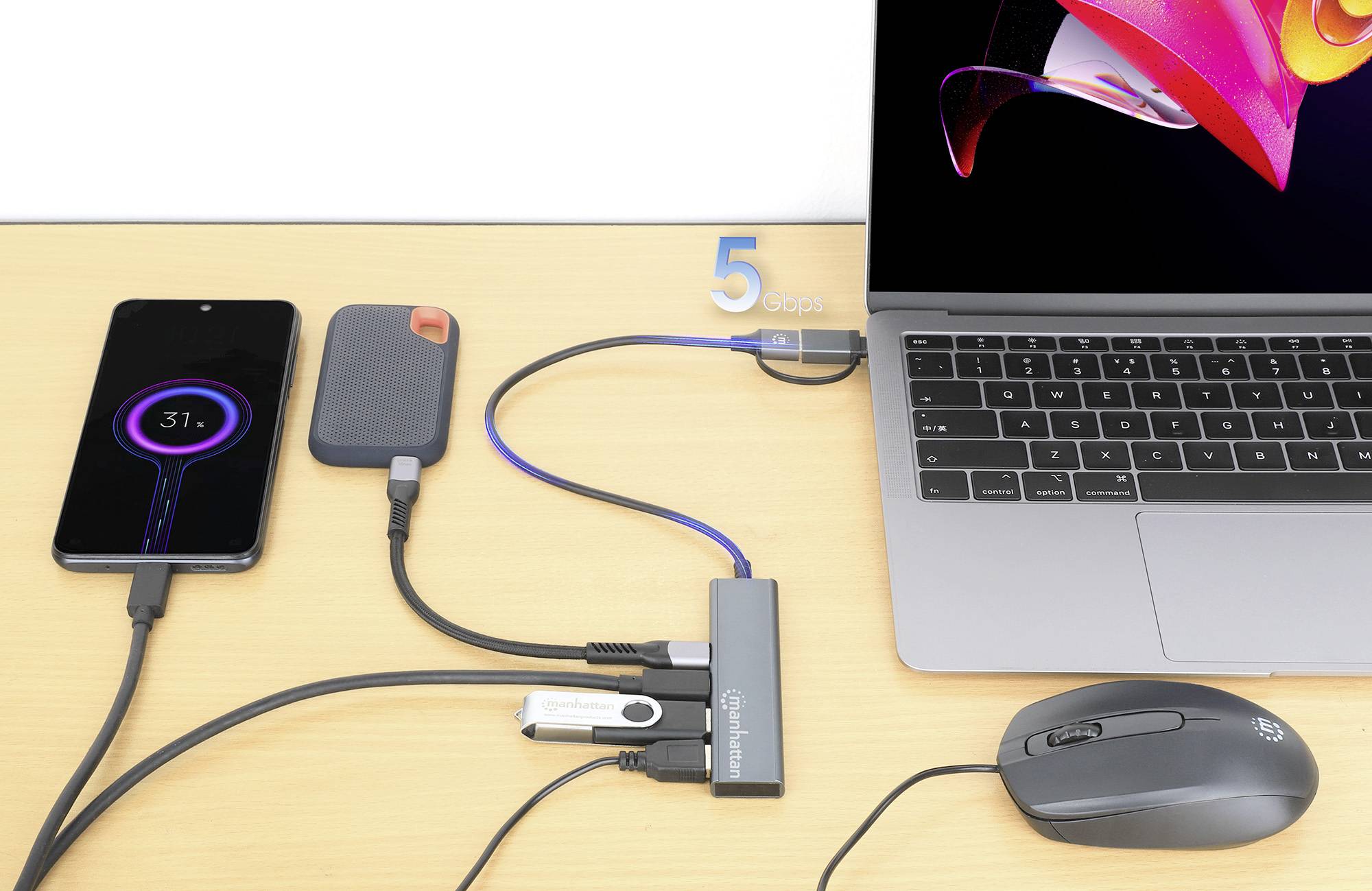 Smartphone and external hard drive connected to laptop via USB hub; shows data transfer rate ('5 Gbps') and smartphone charging status.