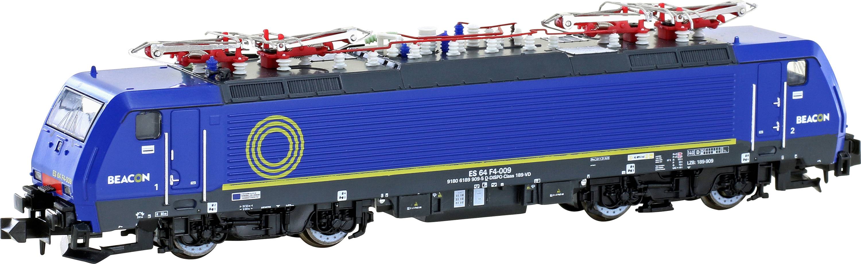 A blue model of an electric locomotive with yellow ring symbol, detailed superstructures and chassis on white background.