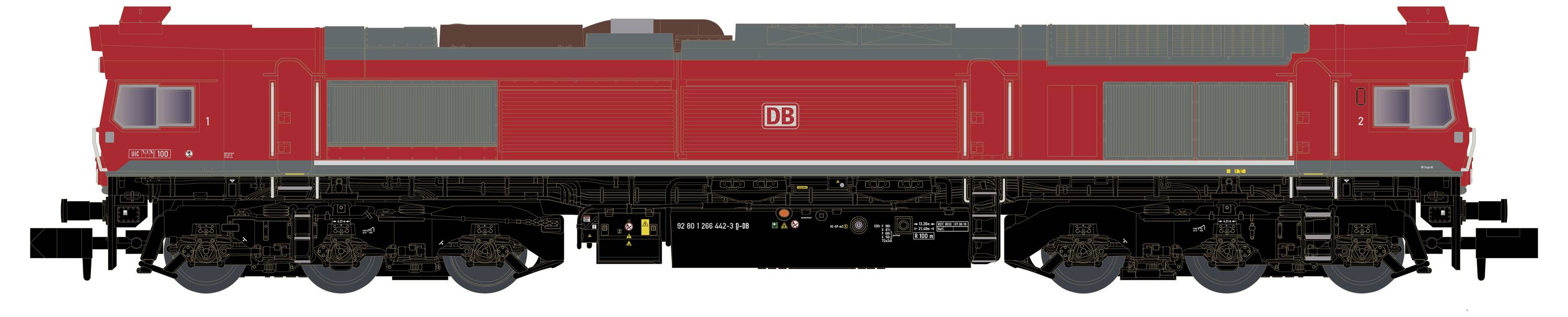 Red locomotive with gray details and the Deutsche Bahn logo on the side.