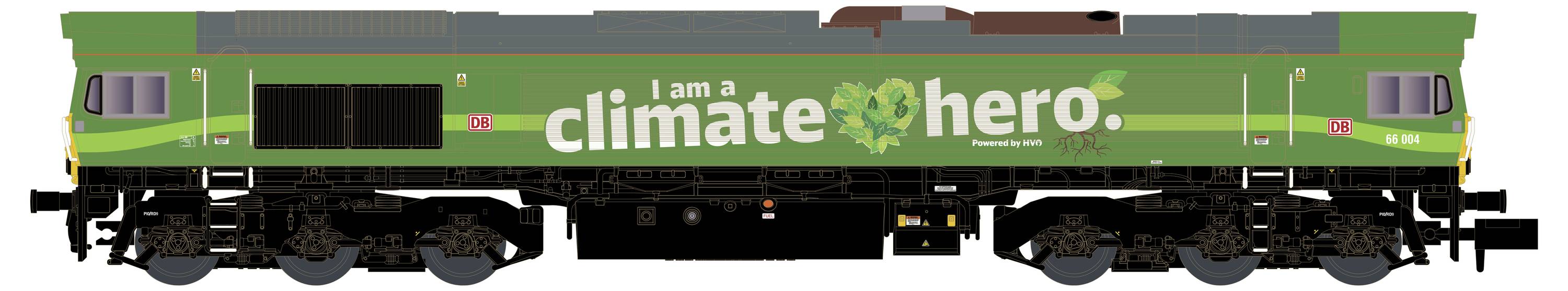 Green freight train with the inscription 'I am a climate hero', symbolizing environmentally friendly transport.
