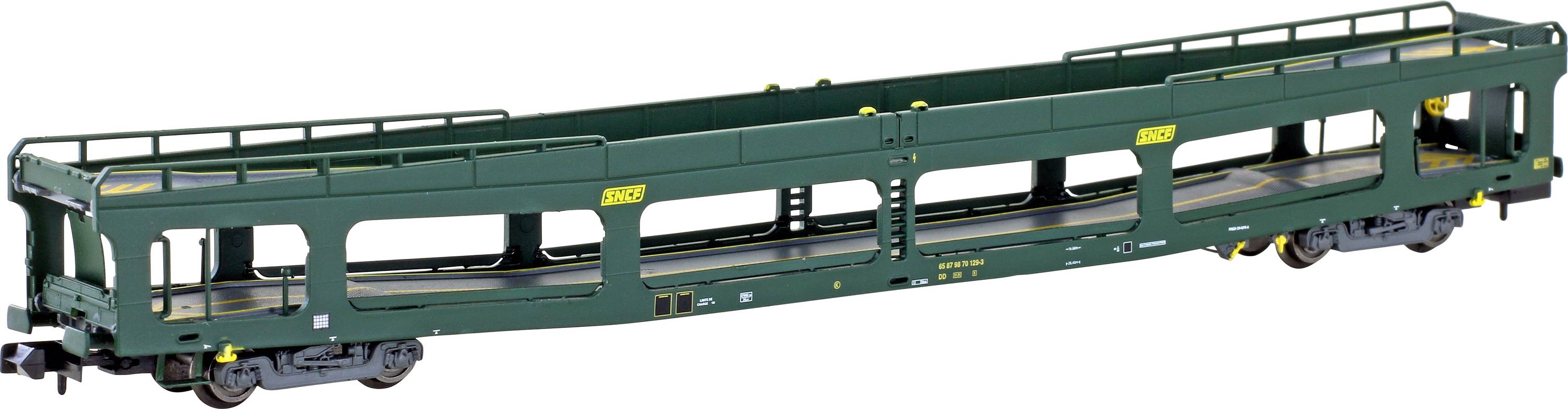 A green railway car for automobile transport with two levels, unloaded without vehicles, stands on tracks.