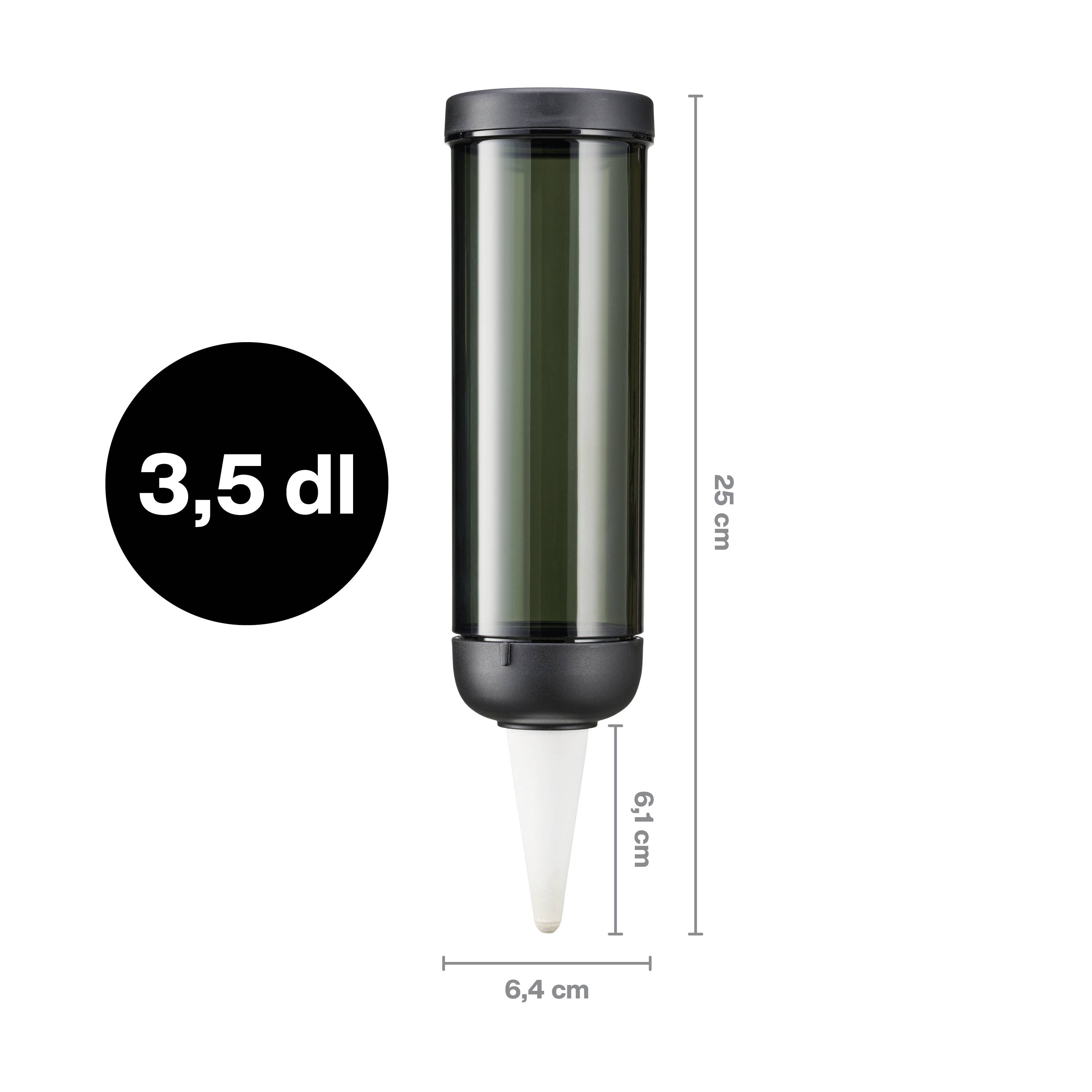 Black, cylindrical container with a pointed nozzle, 6.4 cm in diameter, 25 cm tall, volume 3.5 dl, suitable for liquid dispensing.