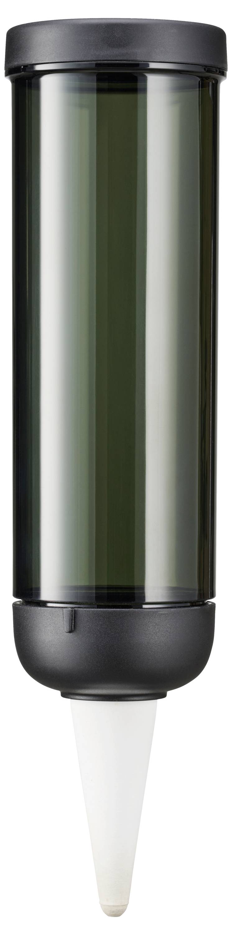 A transparent, cylindrical dispenser with a black cap and a conical, white nozzle, suitable for liquids.