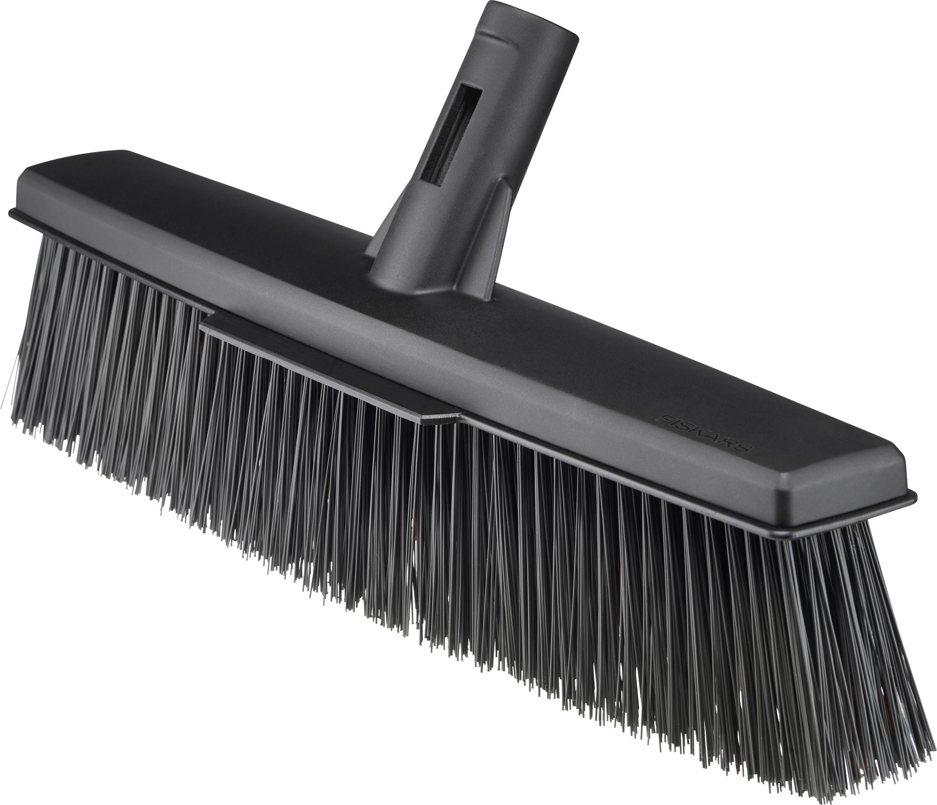 Large black broom with stiff bristles, suitable for sweeping indoor floors.