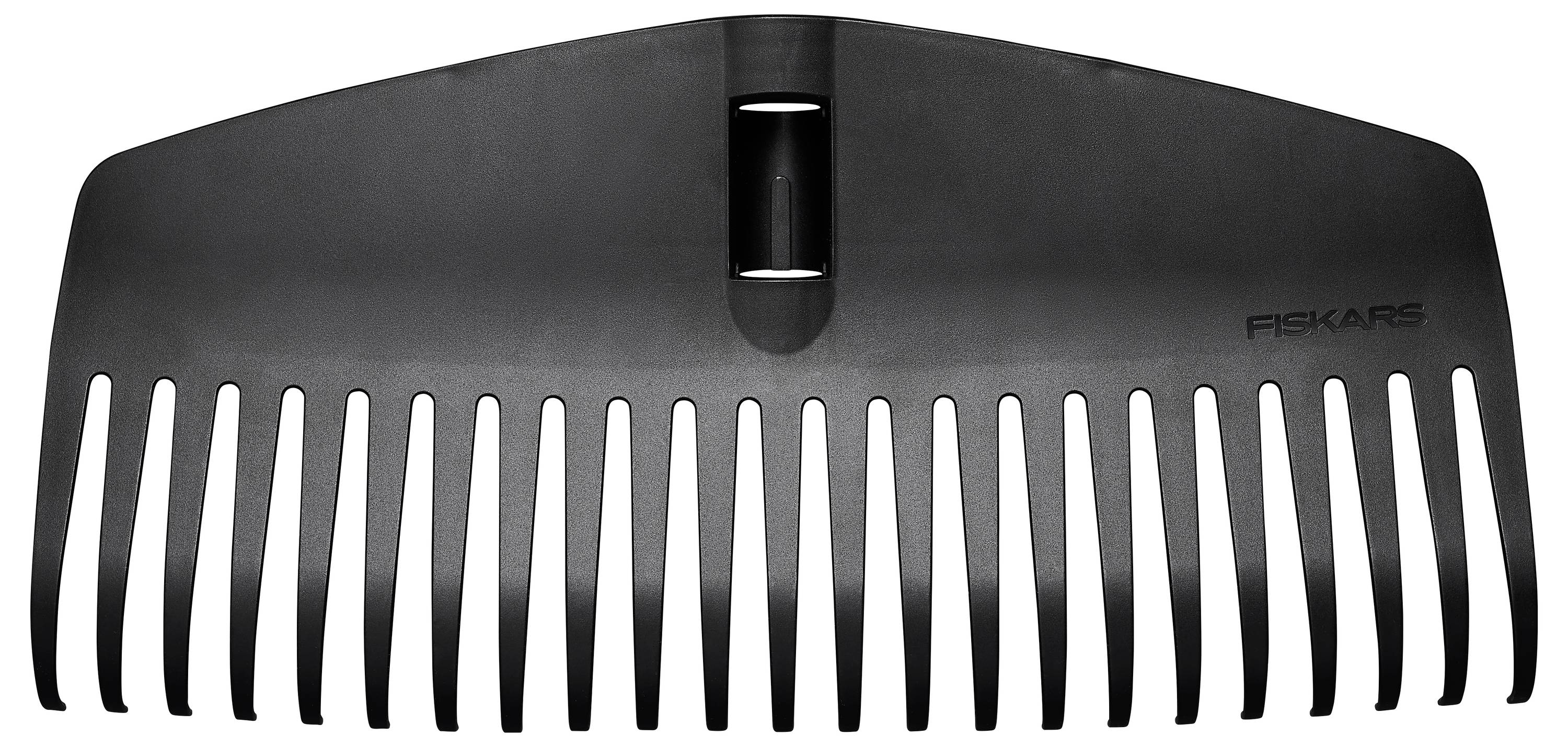 A large black rake with curved tines, suitable for collecting leaves.