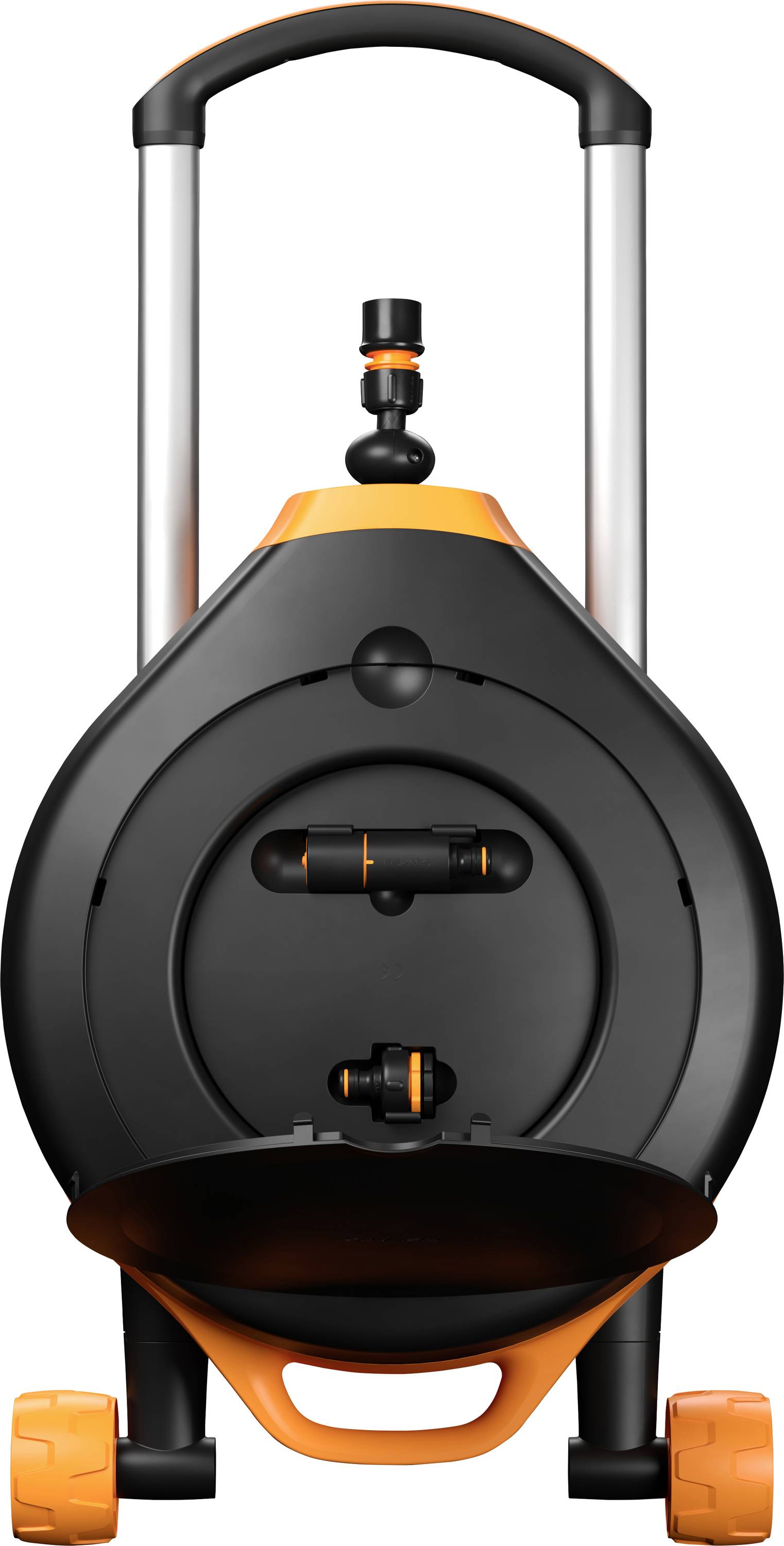 A portable hose reel with a handle, large wheels and integrated hose connection. Ideal for user-friendly garden use.