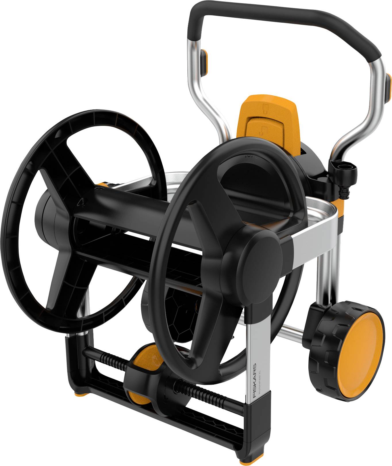 A black, wheeled garden hose trolley with orange accents and a handle for transportation. Ideal for hose storage.