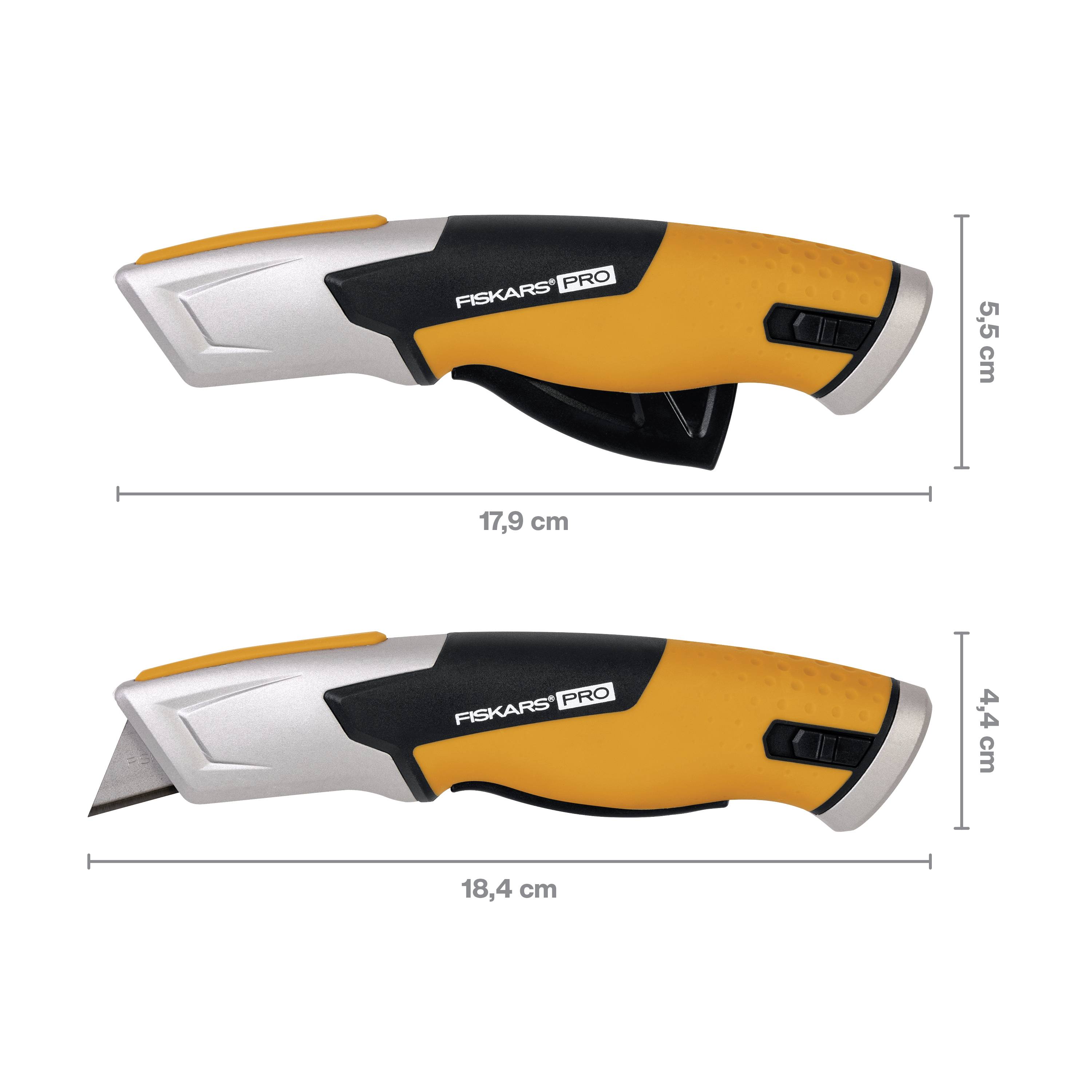 Foldable universal knife, 'Fiskars Pro' brand, shown in closed and open positions, measuring 17.9 cm and 18.4 cm.