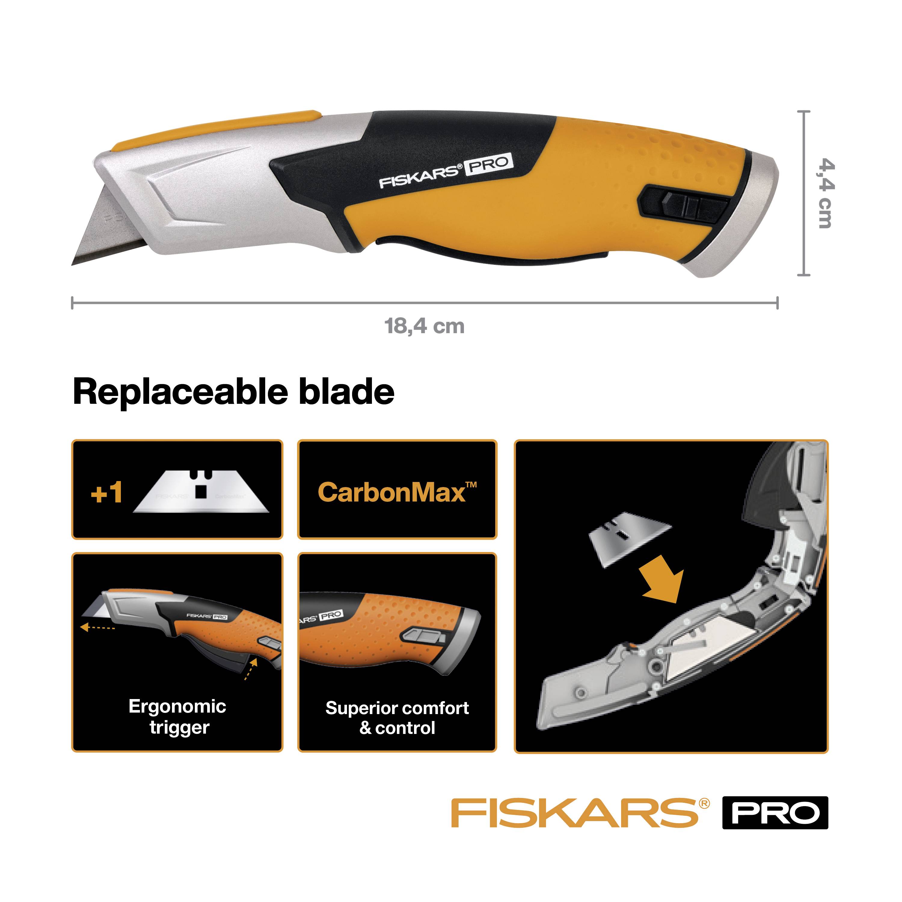 An orange and black Fiskars knife with an interchangeable CarbonMax blade. It has an ergonomic handle for comfort and control.