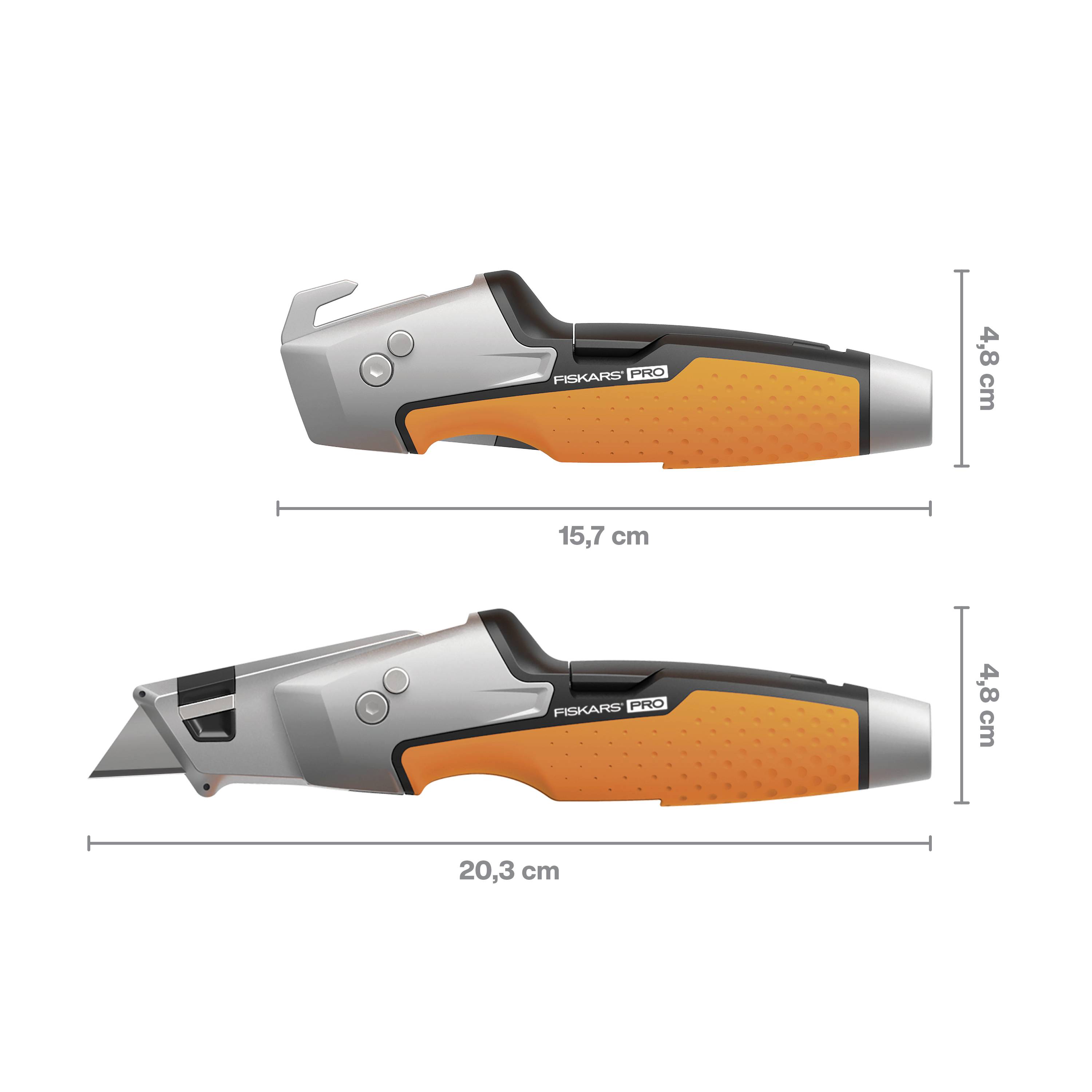 'Fiskars Pro Knife': Two orange-grey knives with handle. Dimensions: 15.7 cm and 20.3 cm in length, 4.8 cm in height.