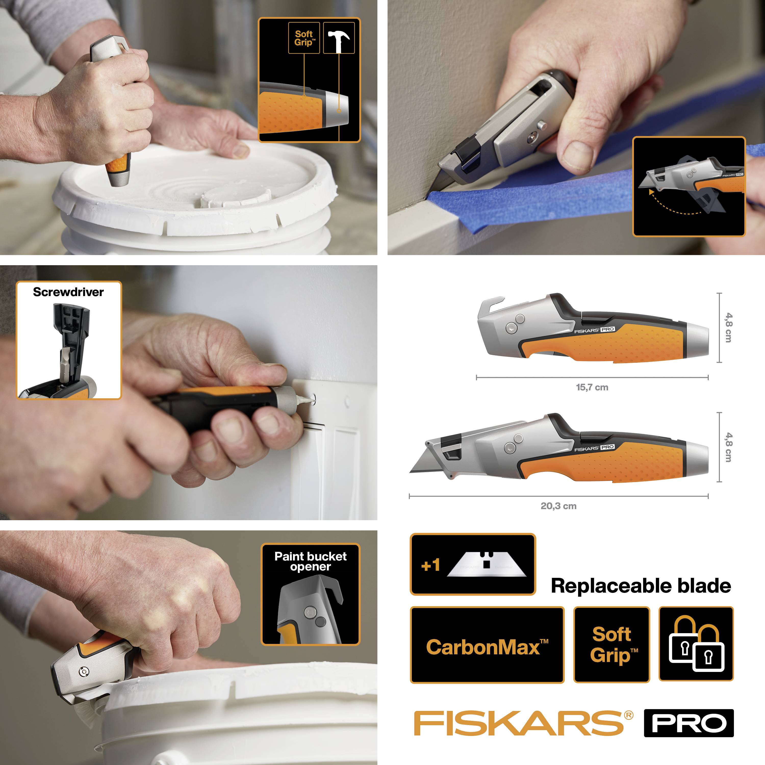 Knife with replaceable blade and soft grip. Use cases: screwdriver, opening paint tins. Dimensions: 15.7 cm x 4 cm.