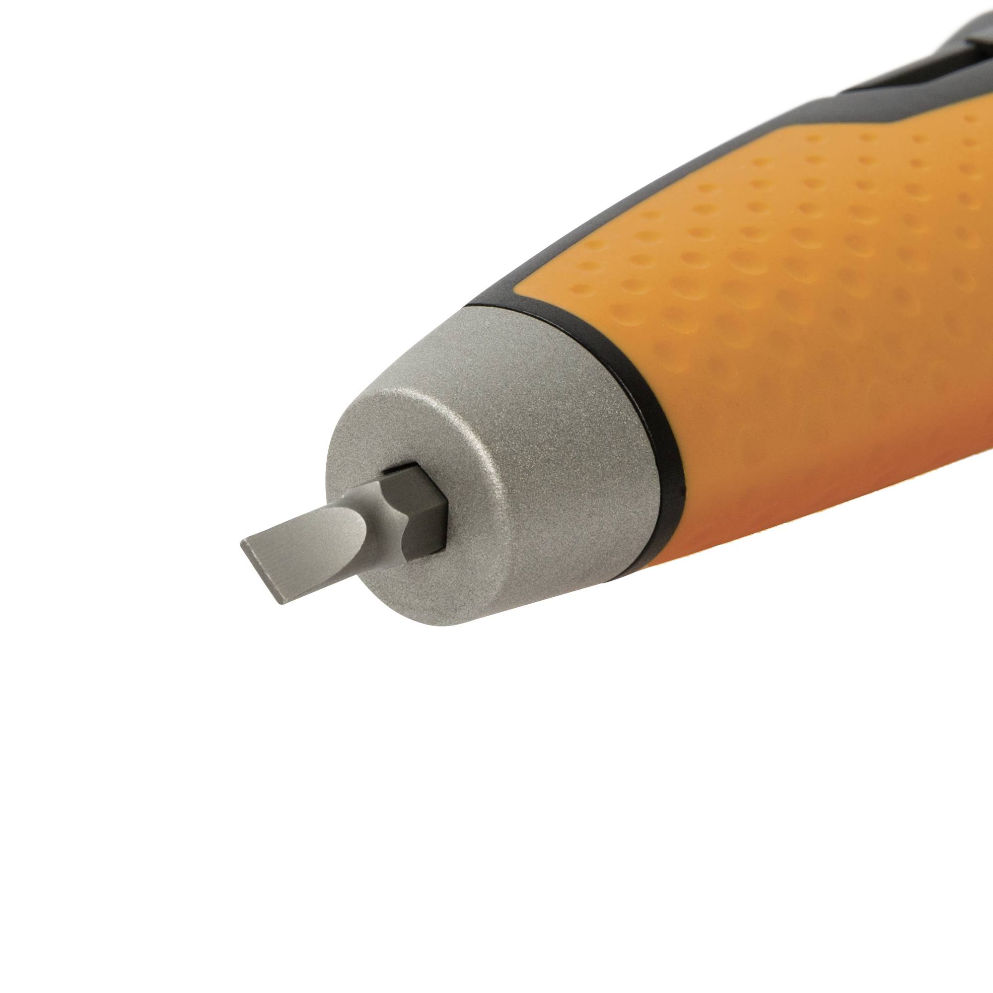 An orange and black screwdriver with a flat, silver metal head.