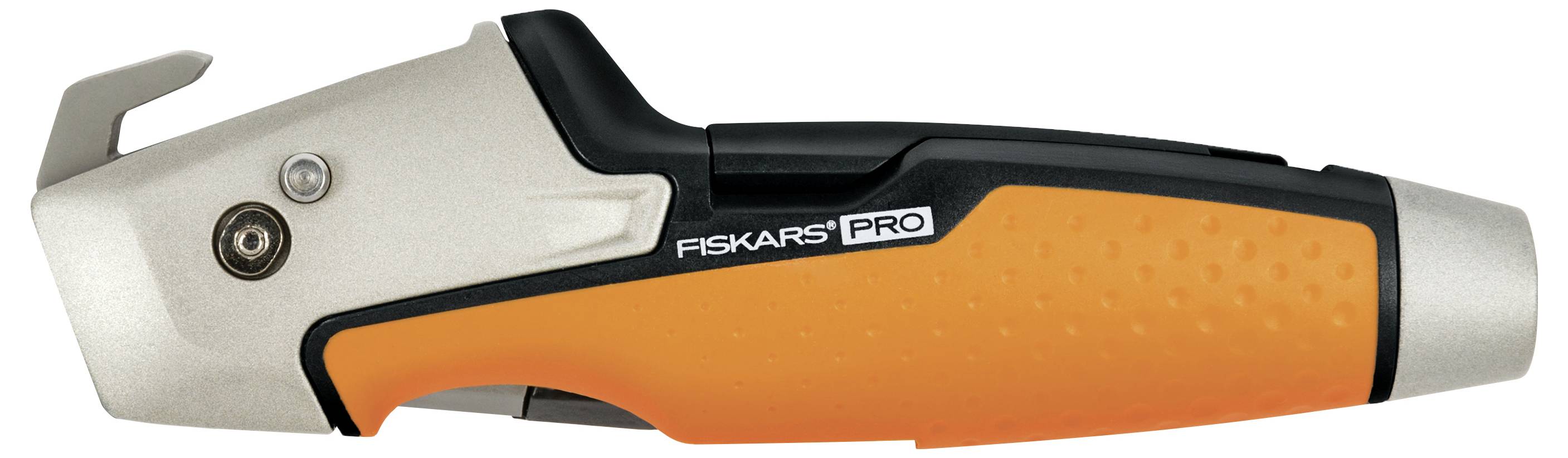 An ergonomic, orange and black safety knife with a grey metal head and 'Fiskars Pro' logo on the side.