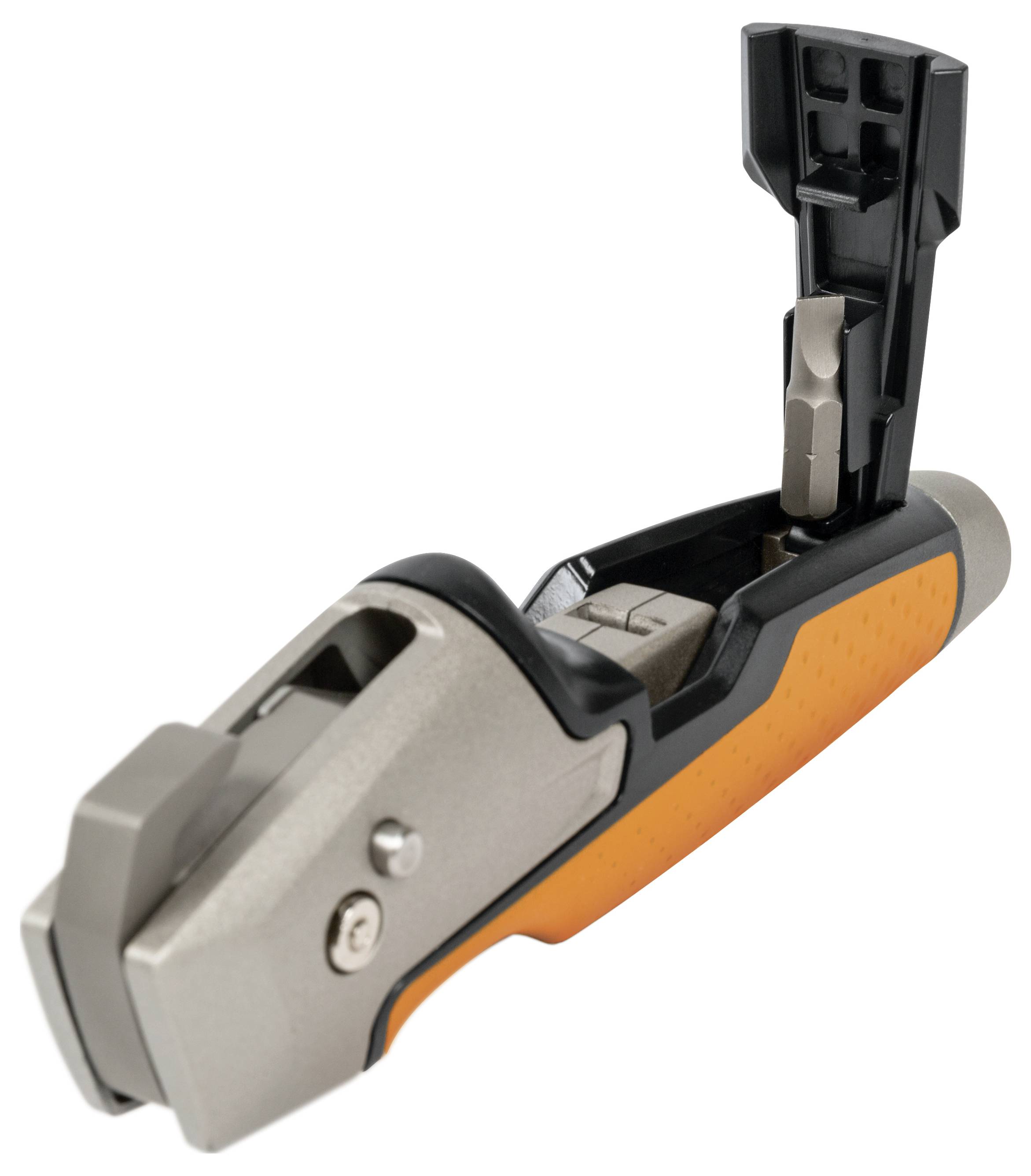 An orange-grey safety belt cutter with an integrated hammer. It is open, revealing the sharp blade and hammer head.