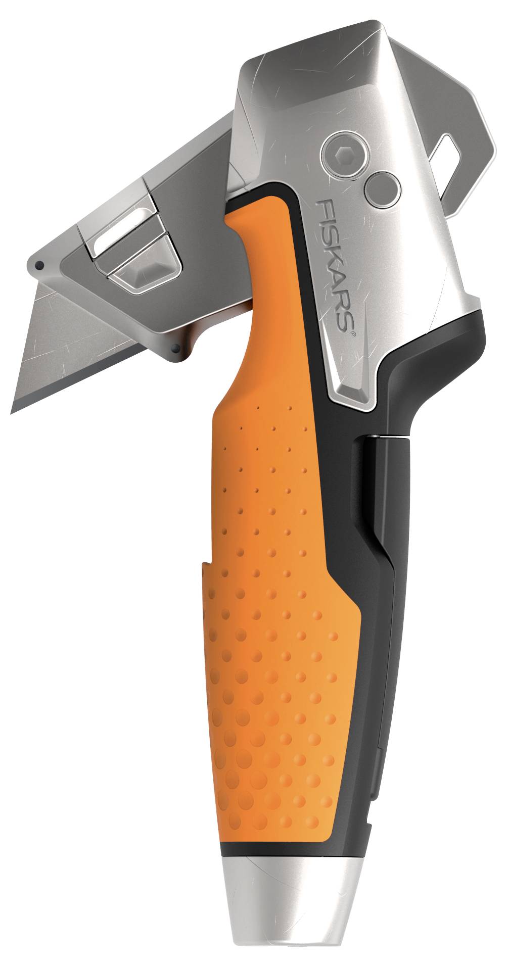 A silver and orange Fiskars universal knife with a retractable blade and ergonomic handle for secure grip.