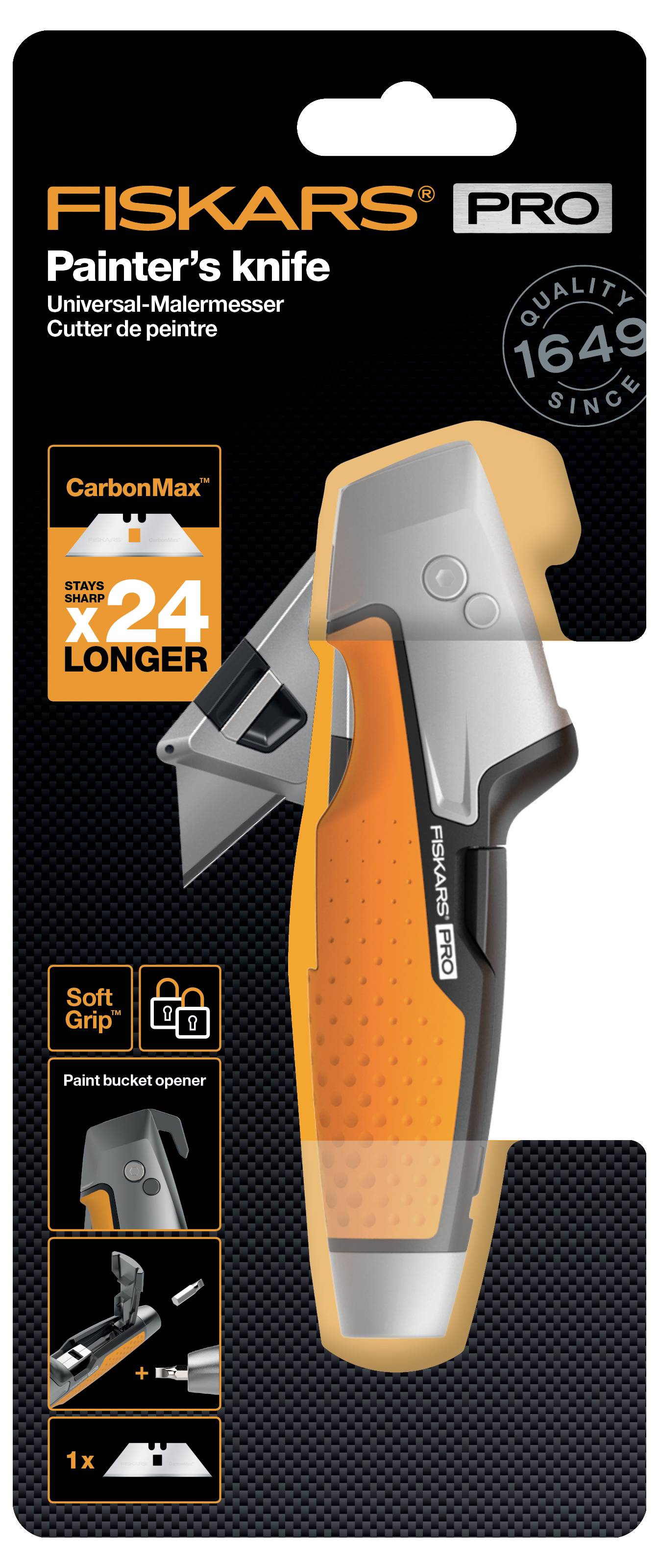 'Fiskars PRO Painter's Knife' in orange packaging, with CarbonMax blade, 24 times longer durability, soft grip handle.