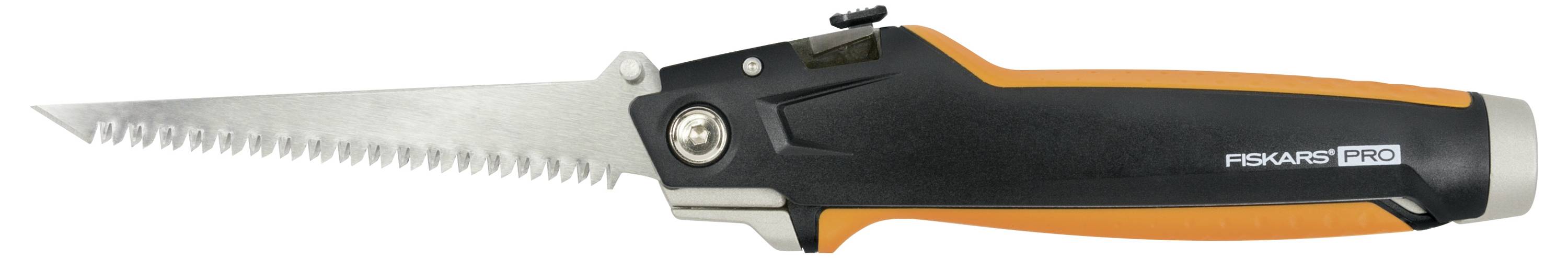 Folding hand saw with a black handle and orange accents, suitable for gardening and DIY tasks.