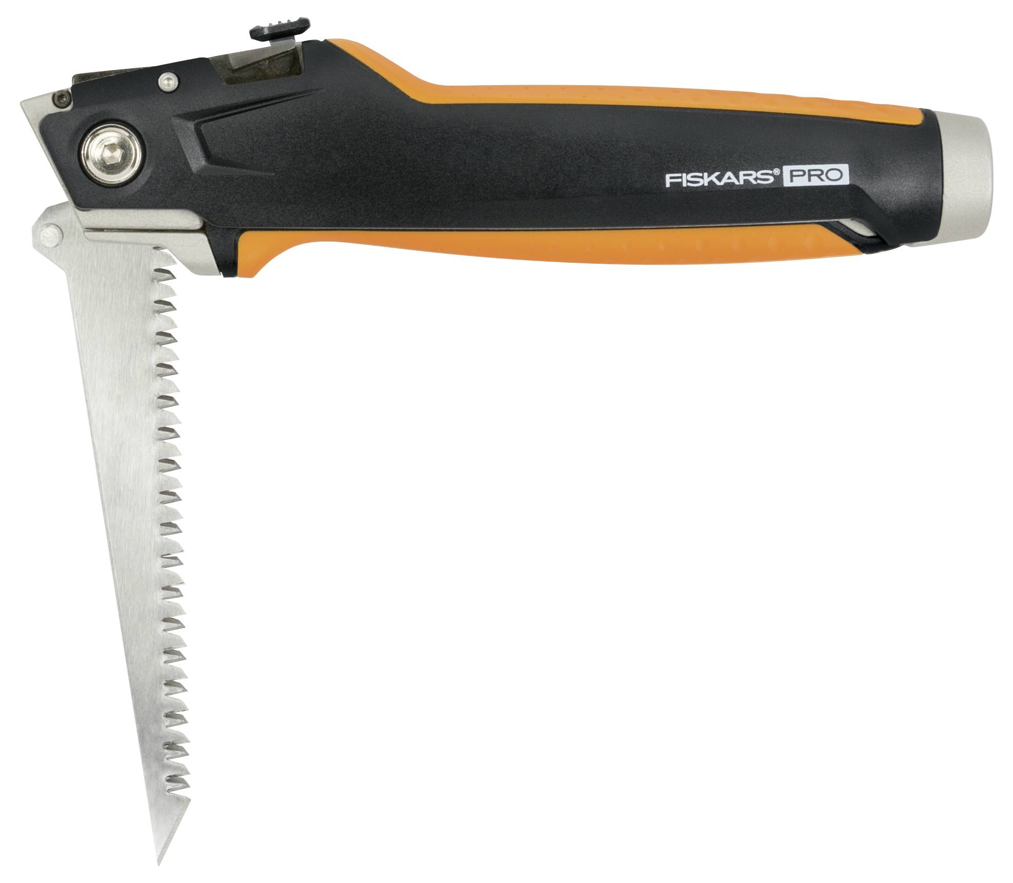 Folding saw with a black and orange handle. The saw has a silver, serrated blade and is partially folded.