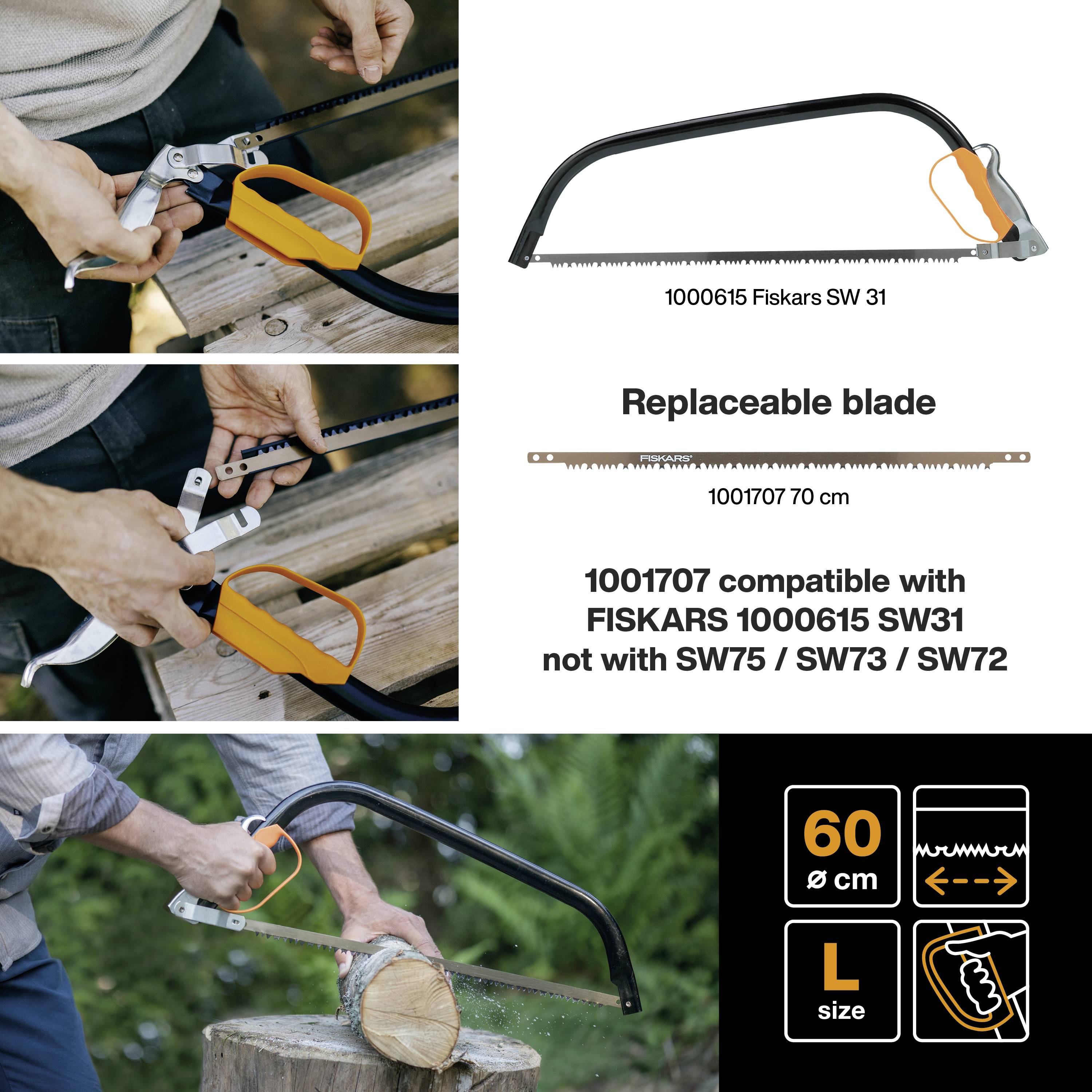 Saw blade with 100 cm length, compatible with Fiskars models 1000615 and SW31. Highest quality for precise wood cutting.