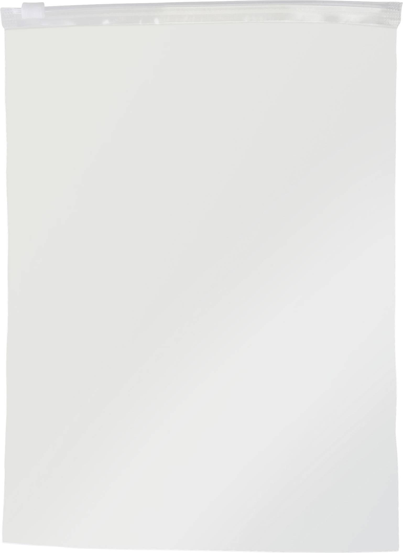 A clear, resealable plastic bag displayed empty against a plain background, showcasing its size and closure mechanism.