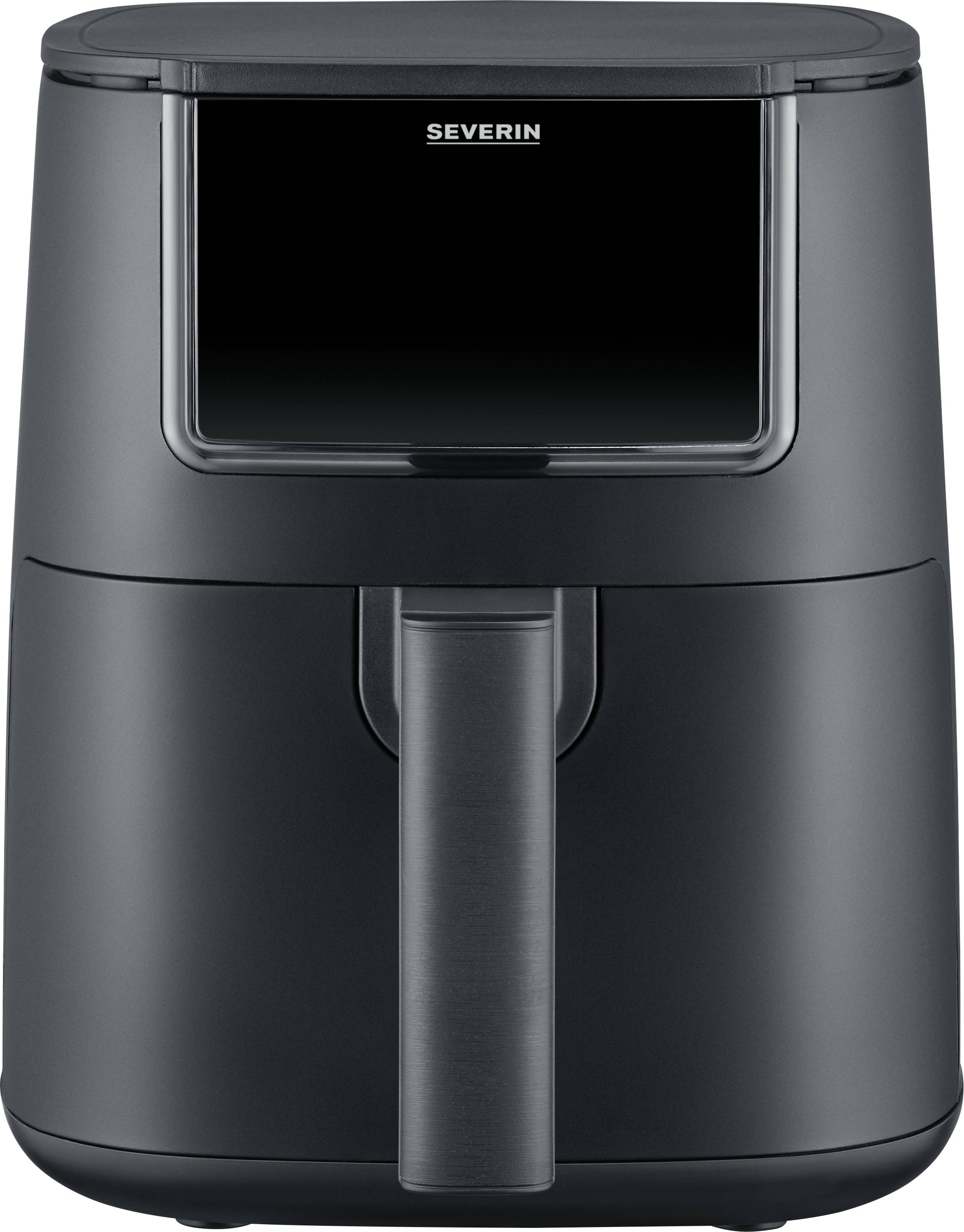 Black hot air fryer with digital display and slim handle on the front.