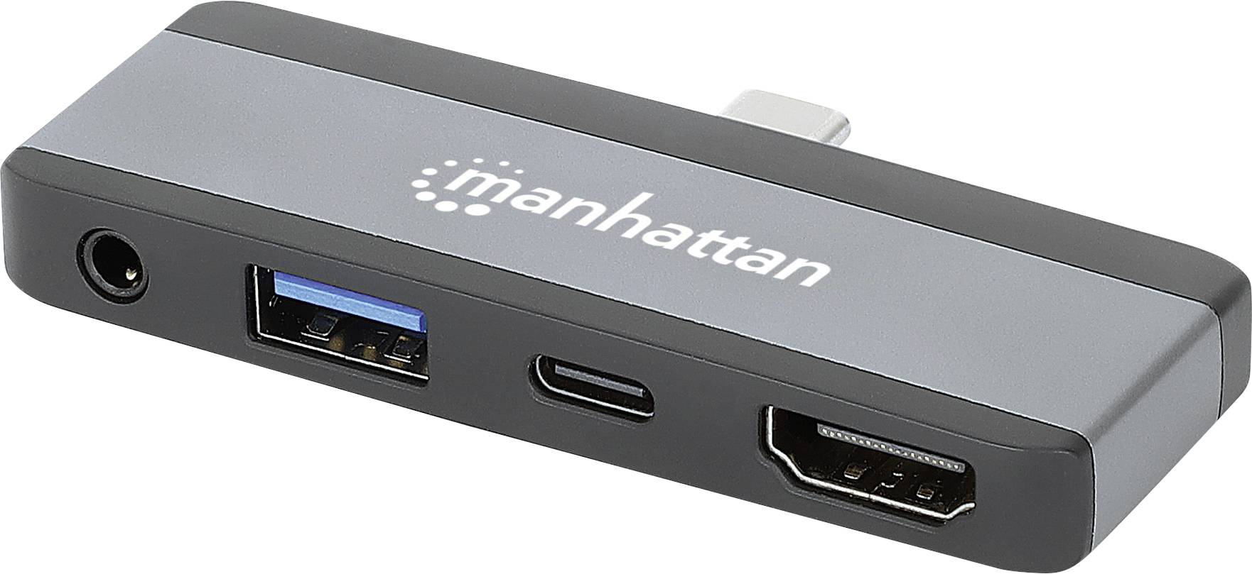 A USB-C adapter with a 'Manhattan' logo, showing ports: USB-A, USB-C, HDMI and a round power socket.