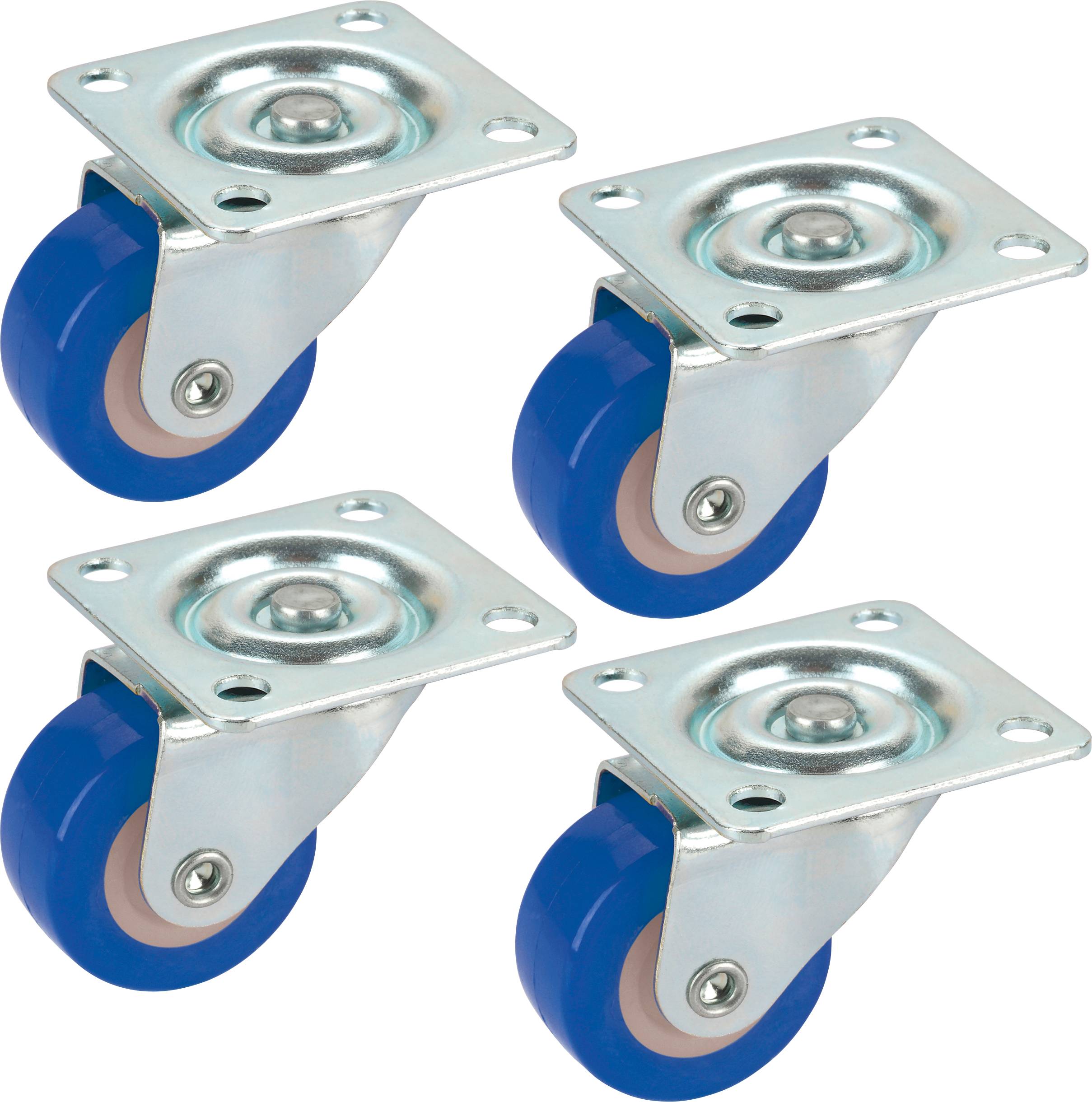 Four blue swivel casters with metal mounting, suitable for furniture or other movable objects, on white background.