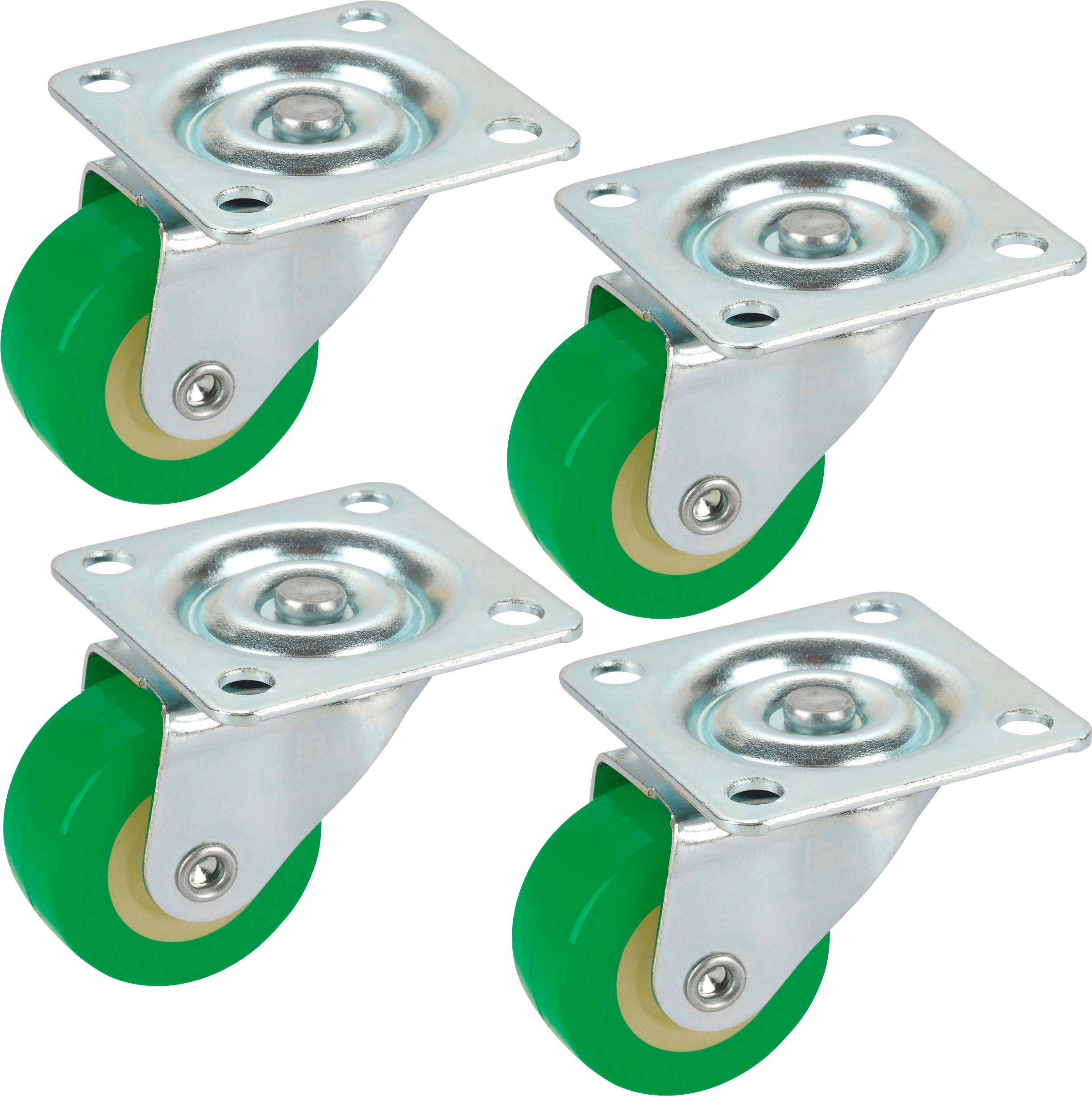 Four green swivel casters made of metal and plastic, suitable for furniture or transport carts, on a light background.