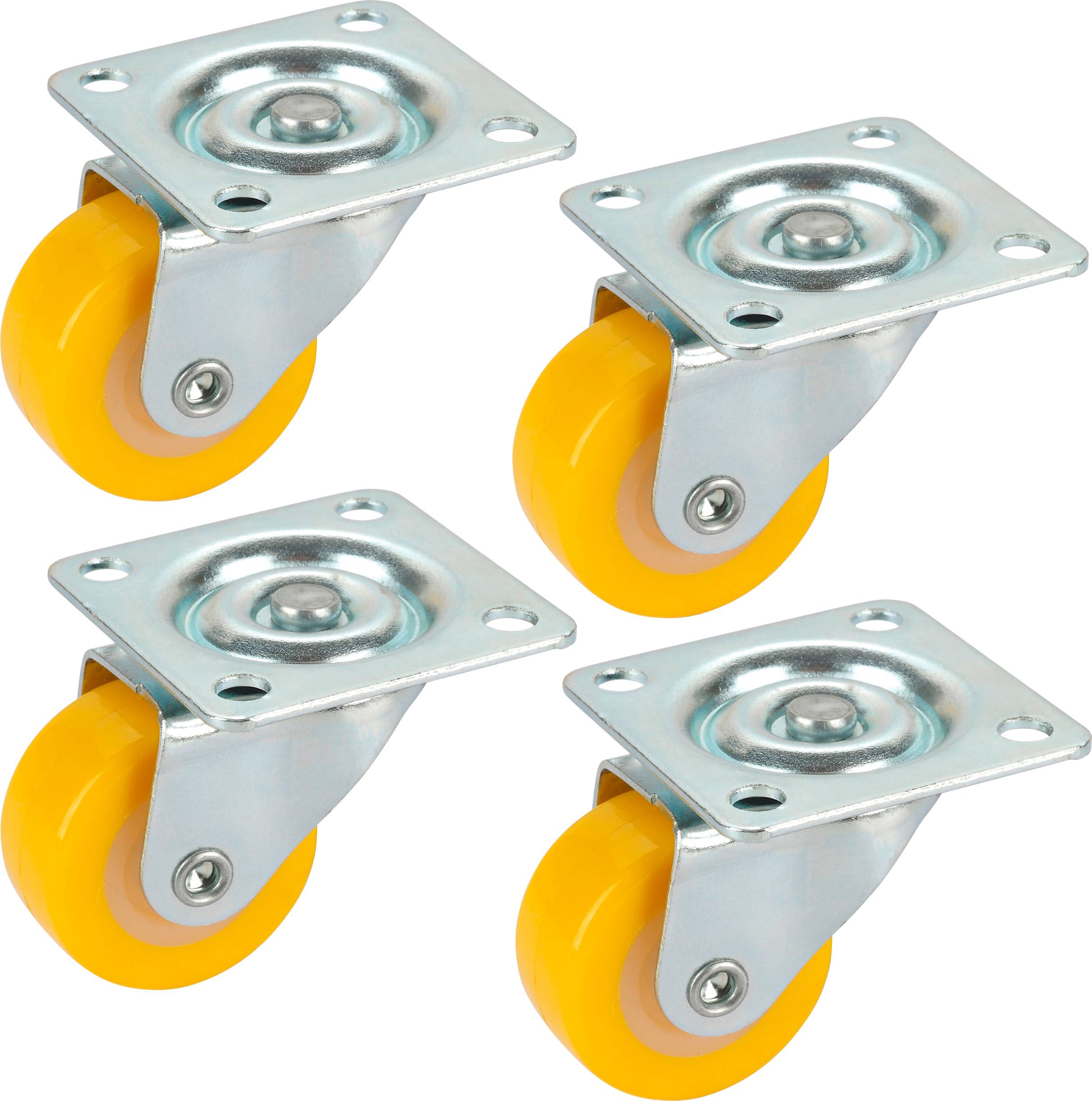 Four yellow wheels with metal plates that serve as furniture casters.