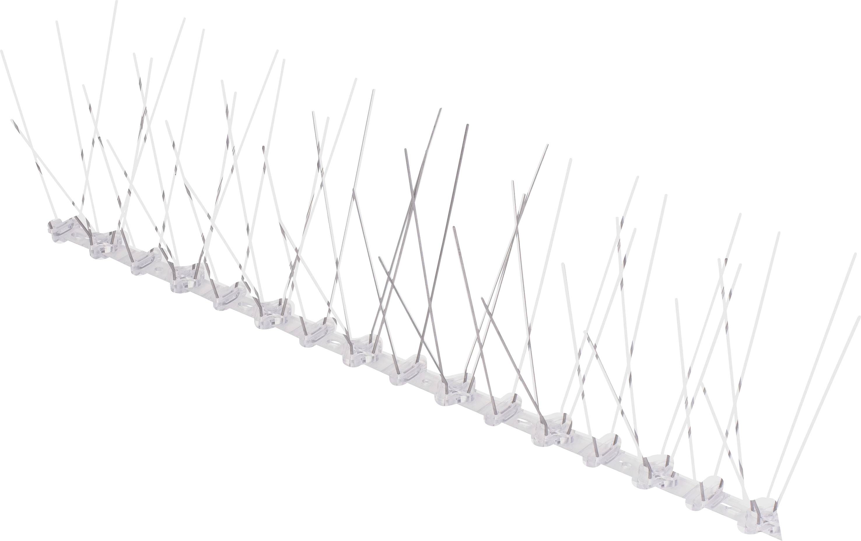 Metal bird deterrent spikes on a base rail. The spikes are evenly distributed and prevent birds from landing.