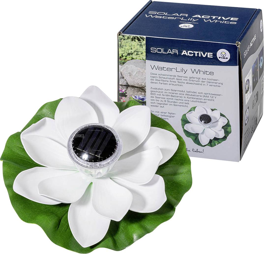 'WaterLily White' floating solar lamp in the shape of a white flower with a green leaf; packaging with product information in the background.