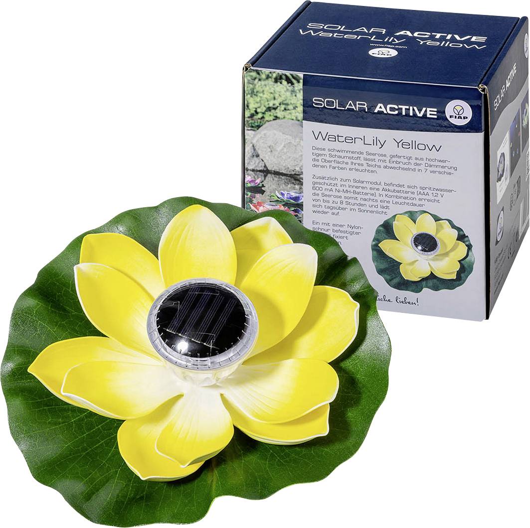 A flower with yellow petals and a solar module in the centre, packaged in a box labelled 'WaterLily Yellow'.