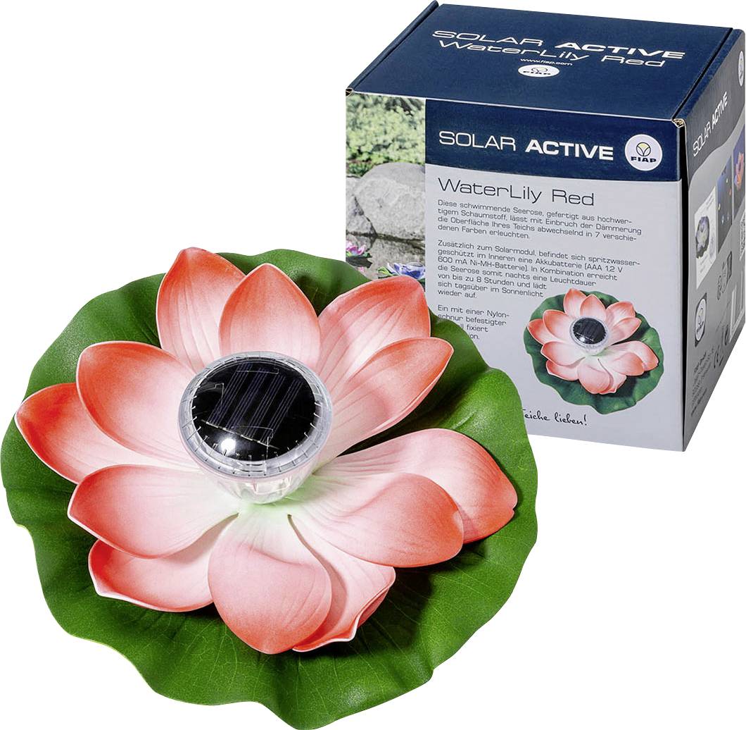 Solar-powered red water lily with leaves, attached solar module and packaging. Packaging displays product description and environmental images.