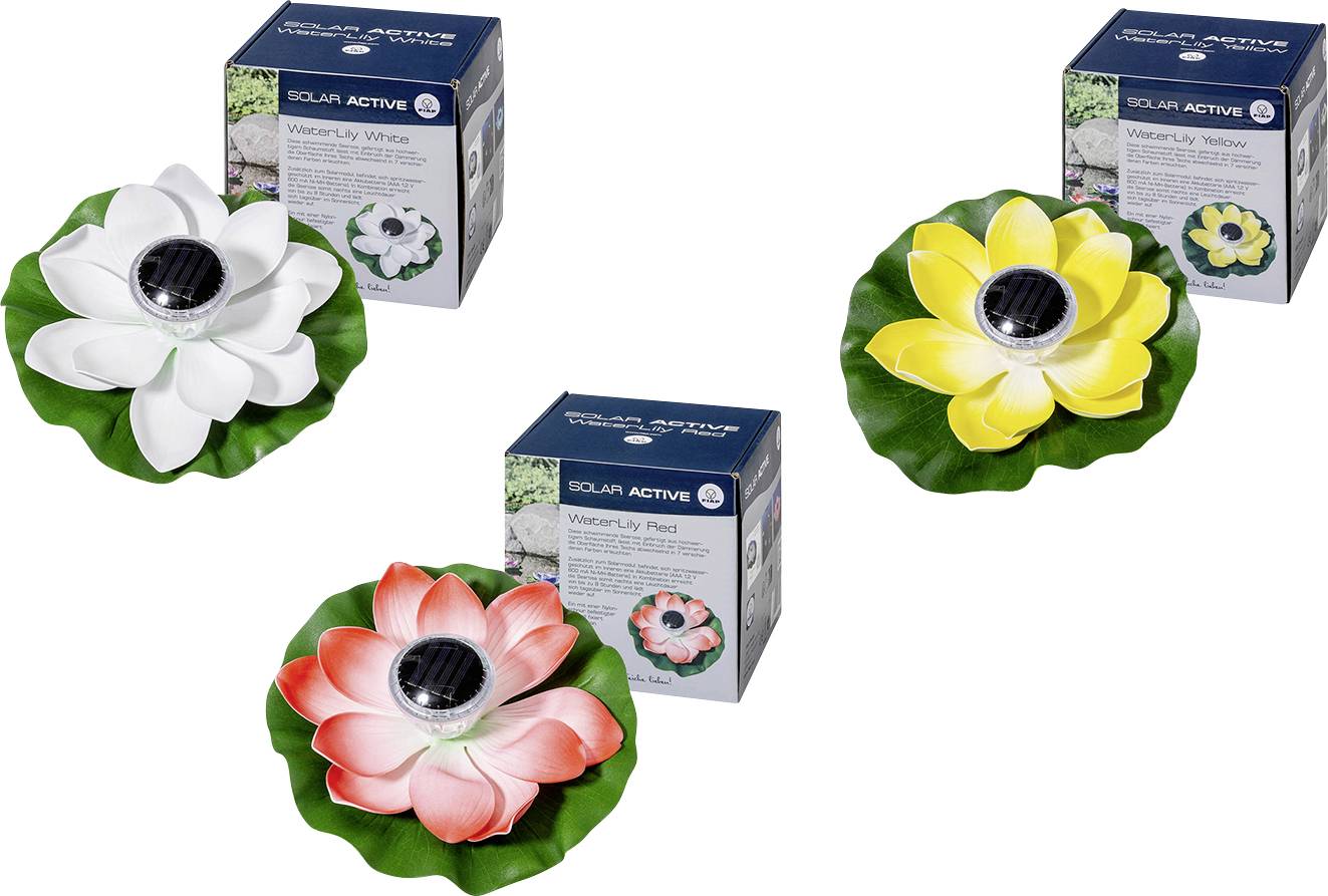 Three floating water lily lights with solar cells: a white one, a yellow one, and a red one. Packaging in the background displays designs.