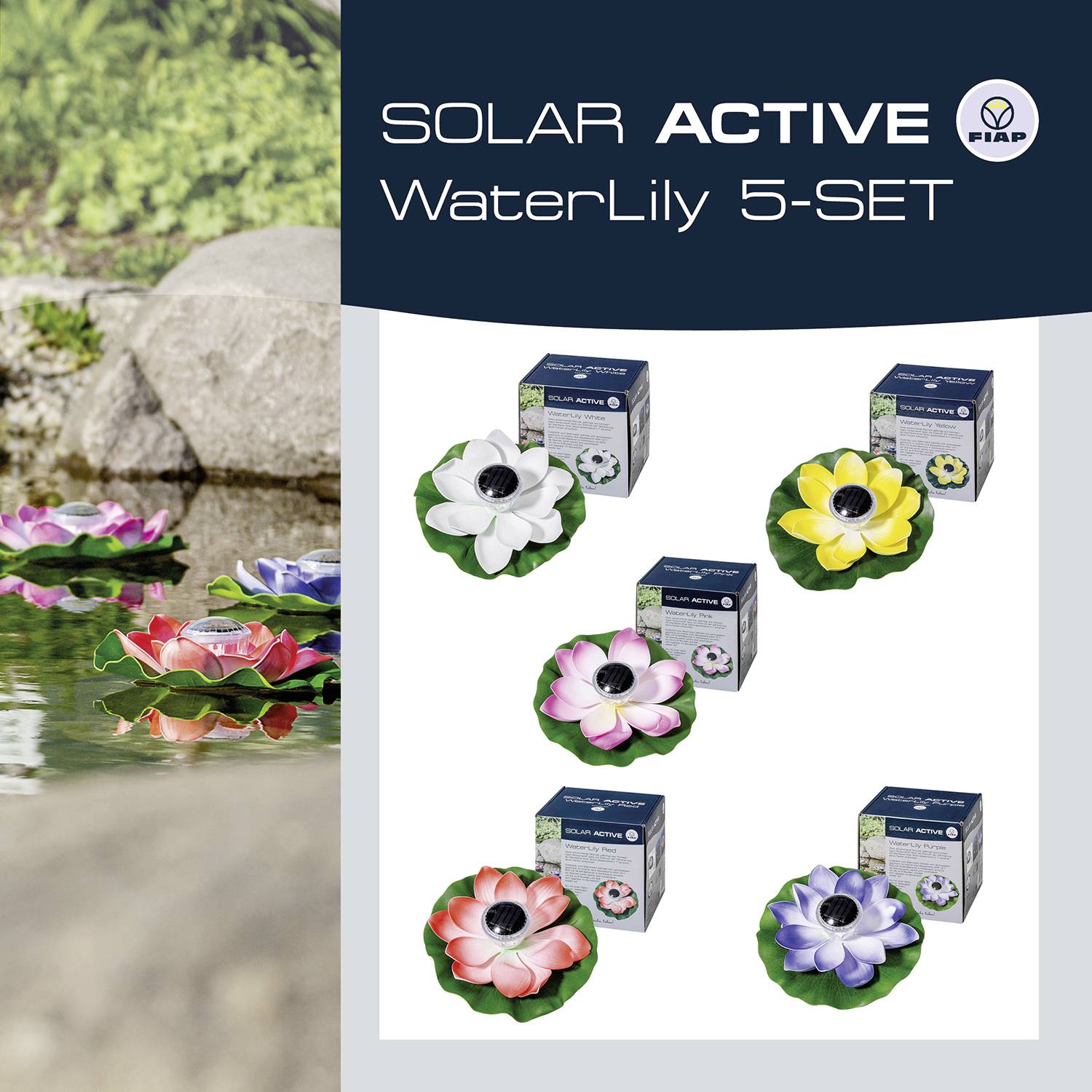 FIAP 3206-6 SOLAR ACTIVE WaterLily 5er SET Solar decorative light 5-piece set LED (monochrome) Built-in LED White, Yellow, Red