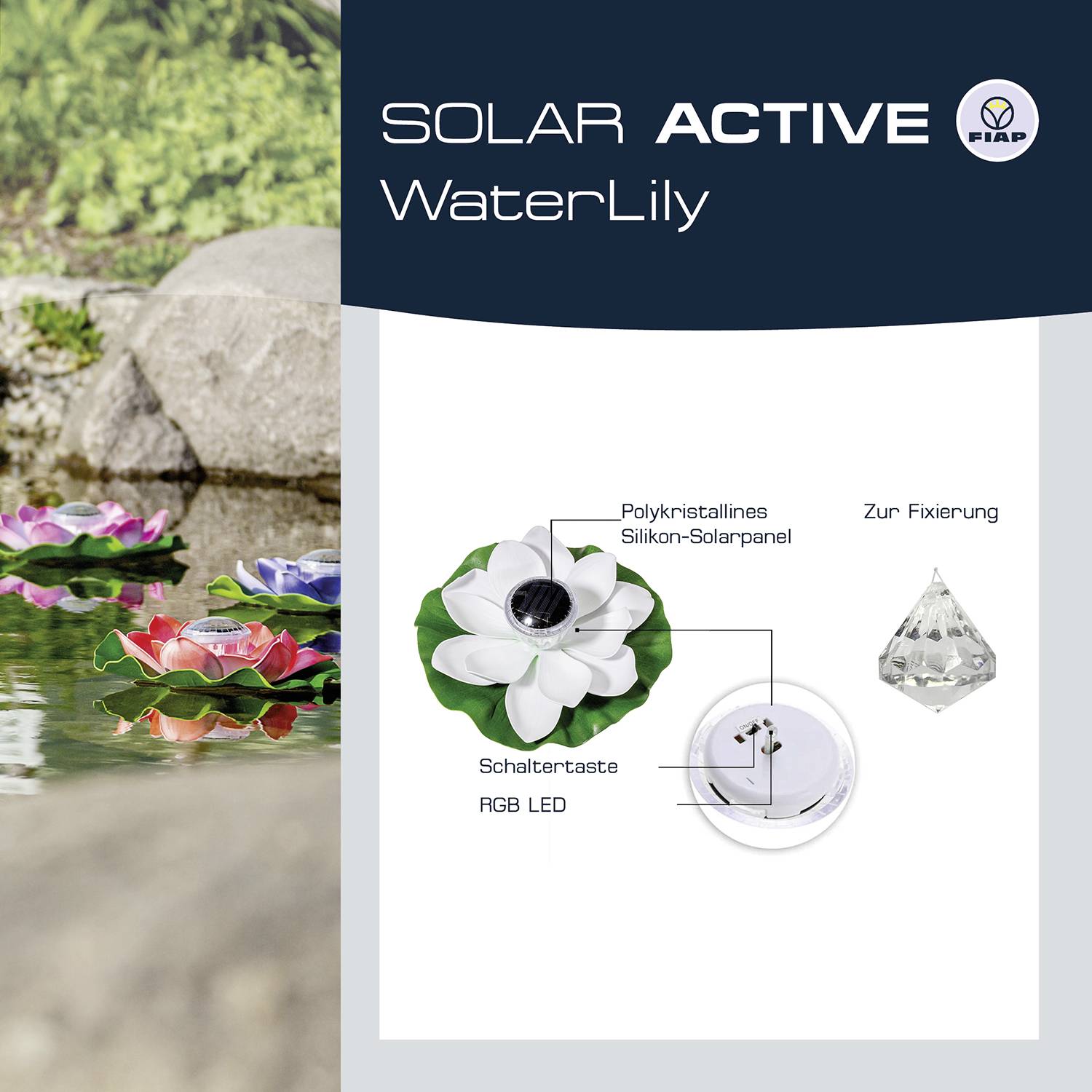 FIAP 3206-6 SOLAR ACTIVE WaterLily 5er SET Solar decorative light 5-piece set LED (monochrome) Built-in LED White, Yellow, Red