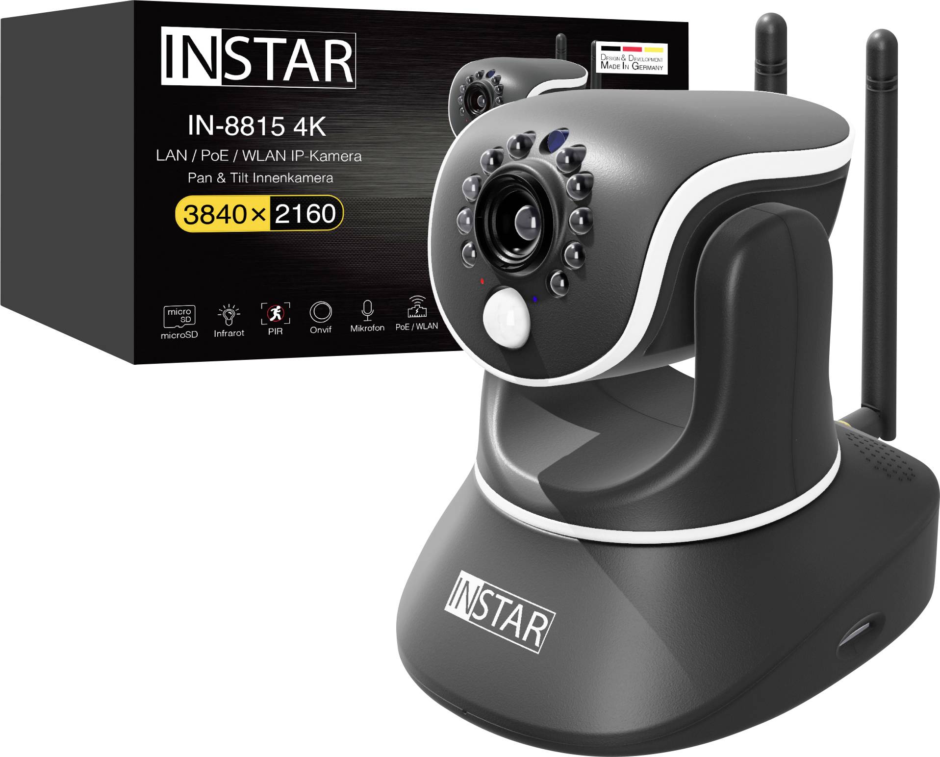 Black IN-8815 4K Webcam from INSTAR shown on the packaging, with 3840x2160 resolution, LAN/PoE/WLAN, pan and tilt function.